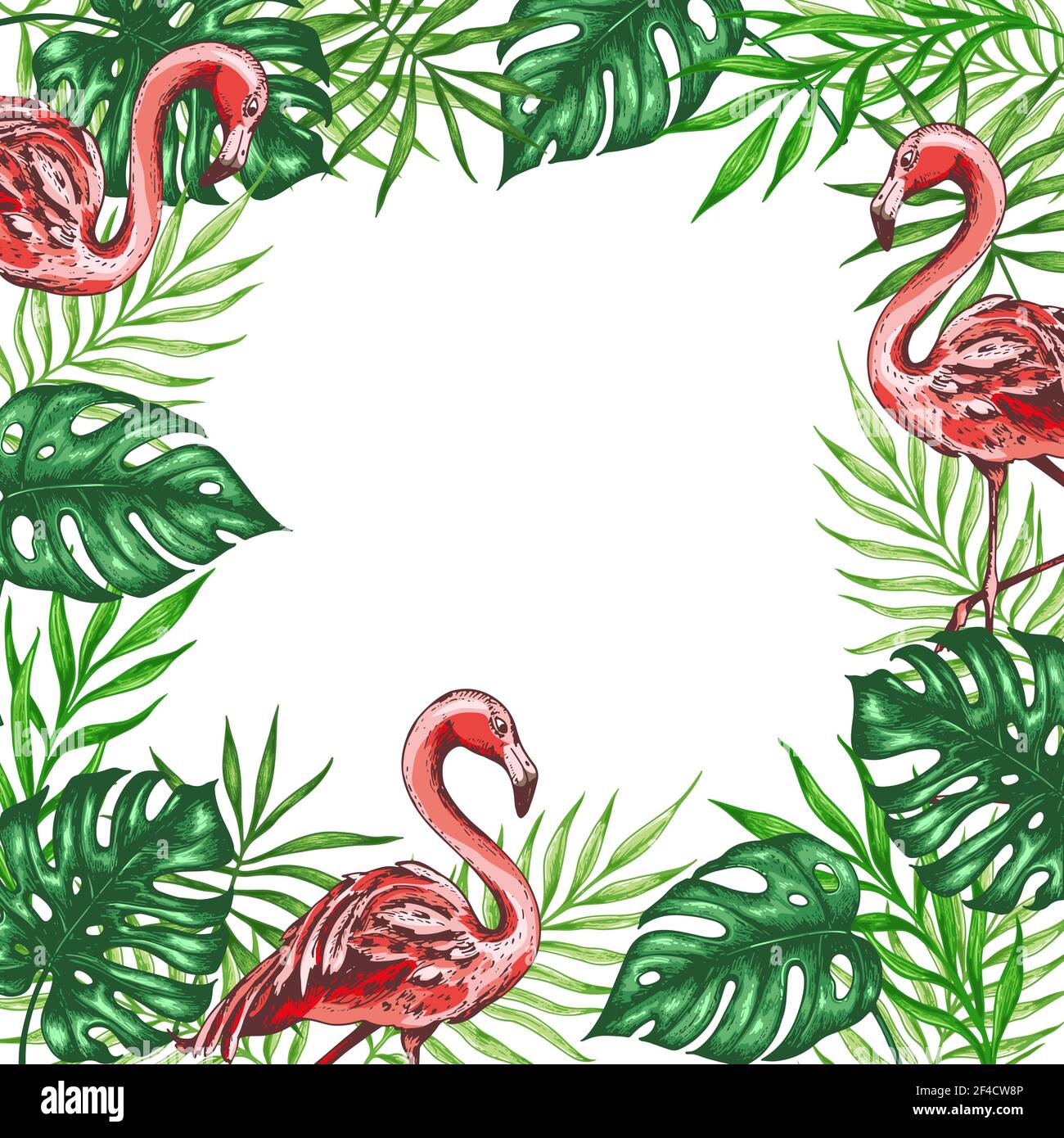 Tropical floral background with pink flamingo and green palm leaves ...
