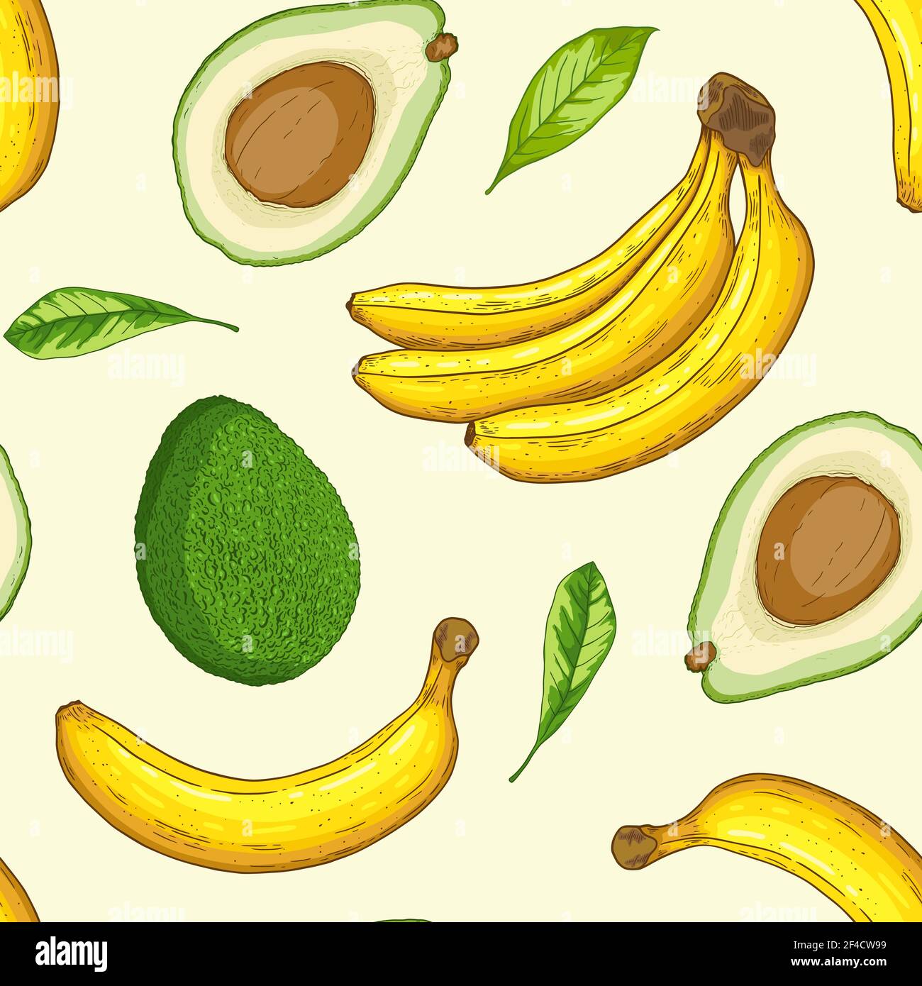 Hand drawn tropical seamless pattern with avocado and bananas. Vector background Stock Vector