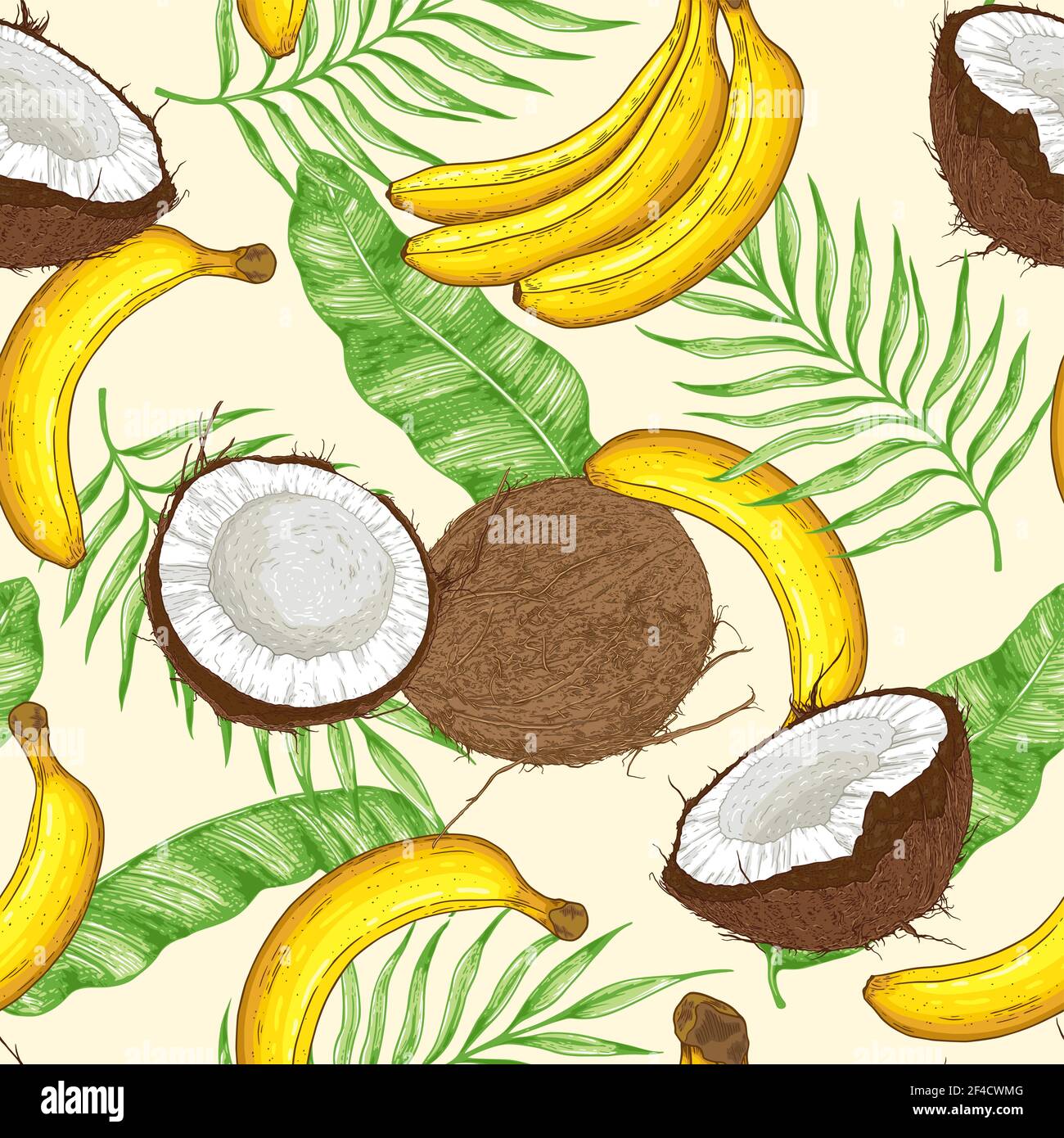 Hand drawn tropical seamless pattern with yellow bananas, coconuts and green leaves. Vector background Stock Vector