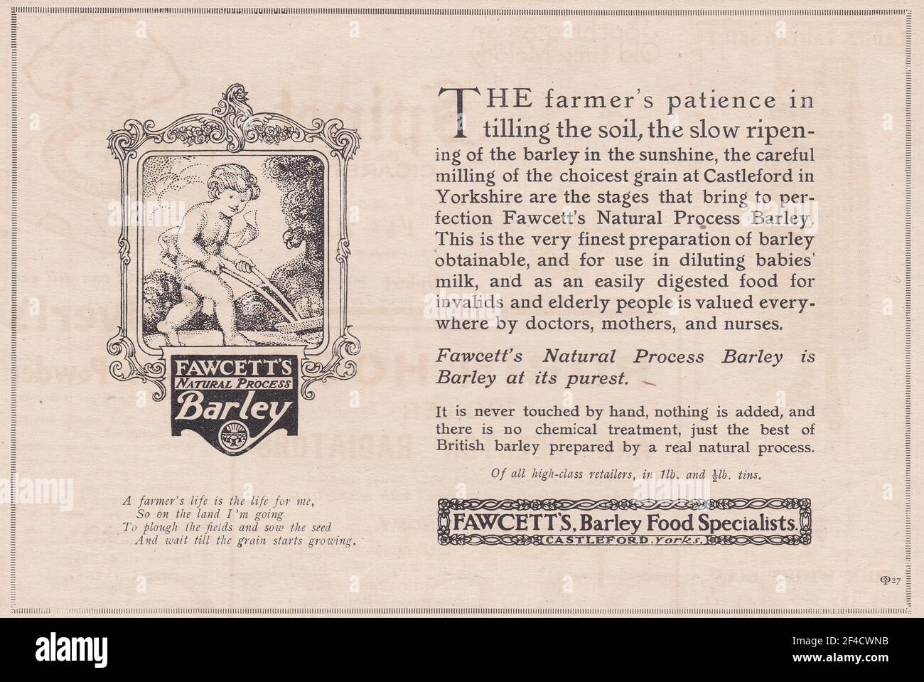 Vintage advert for Fawcett's Natural Process Barley by Fawcett's Barley Food Specialists. Stock Photo