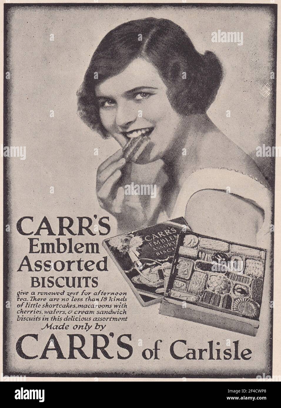 Vintage advert for Carr's of Carlisle - Carr's Emblem Assorted Biscuits. Stock Photo