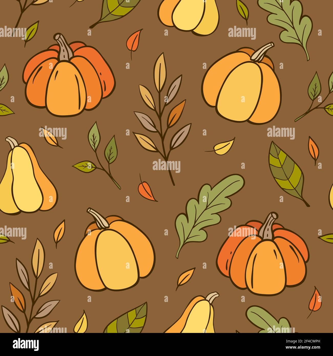 Autumn doodle seamless pattern with pumpkins and leaves on a brown background. Hand drawn vector illustration Stock Vector