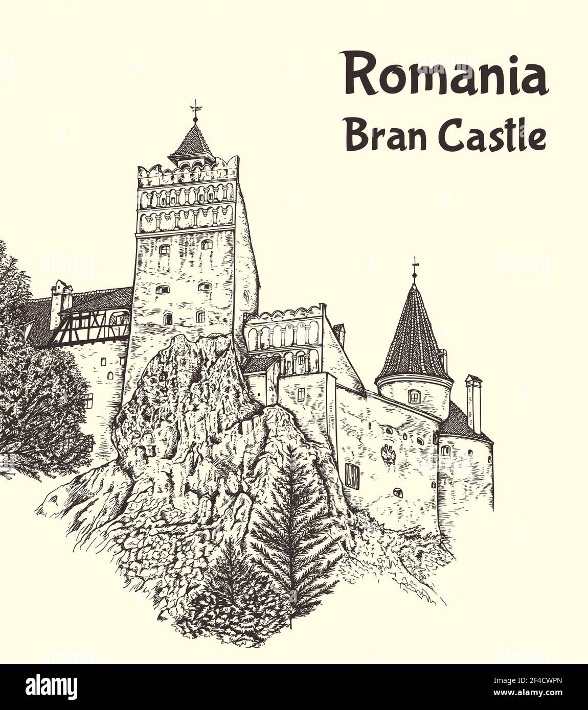 Medieval Bran Castle in Transylvania, Romania, known as Dracula&rsquo;s Castle'.  Hand drawn vector illustration' Stock Vector