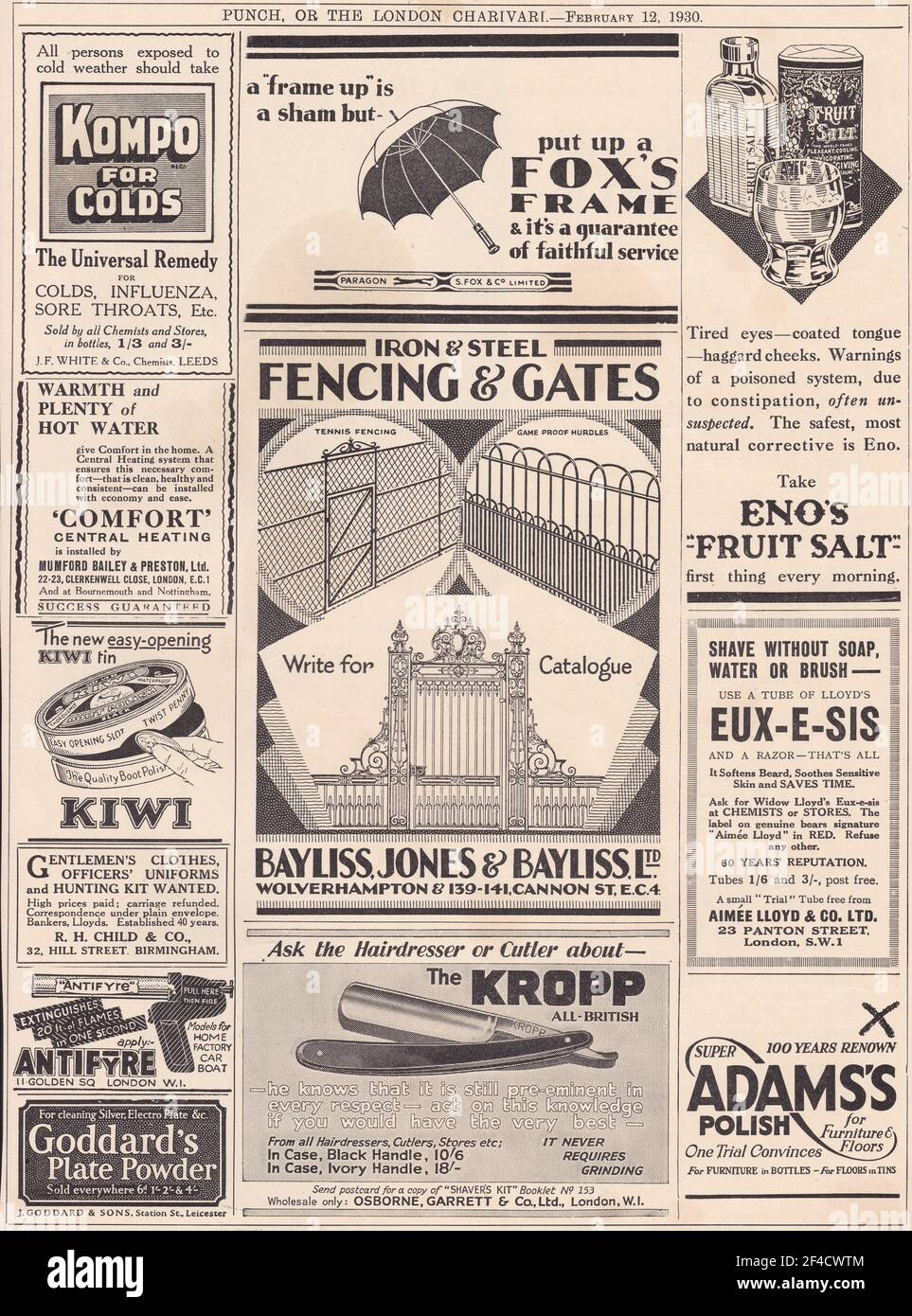 Vintage advert for Kompo, Fox's Frame / Paragon, Eno's Fruit Salt, Mumford Bailey Central Heating, Kiwi, Bayliss Jones and Bayliss, The Kropp, Eux-E. Stock Photo