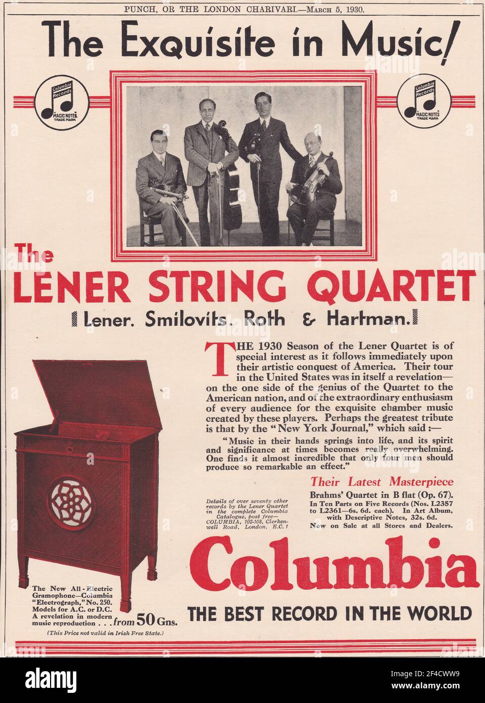 Vintage advert for The Lener String Quartet / Lener, Smilovits, Roth and  Hartman - The New All-Electric Gramophone - Columbia 'Electrograph Stock  Photo - Alamy