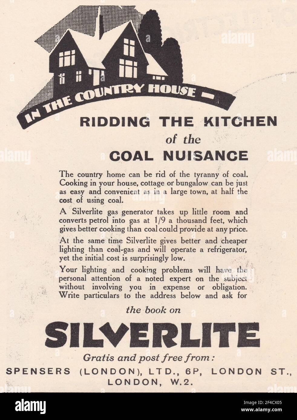 Vintage advert for The Book on Silverlite by Spensers (London) Ltd - In the Country House - Ridding the Kitchen of the Coal Nuisance. Stock Photo