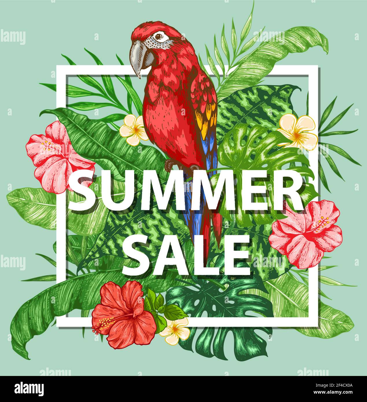 Tropical frame with green palm leaves, flowers and red parrot. Design ...
