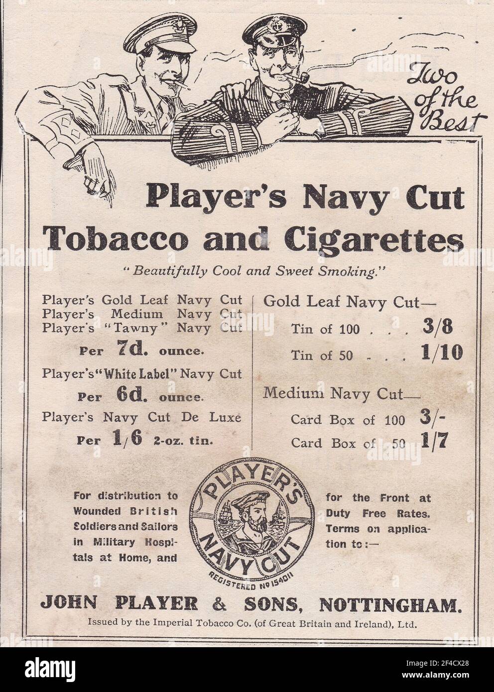 Vintage advert for Player's Navy Cut Tobacco and Cigarettes by John Player & Sons, Nottingham. Stock Photo