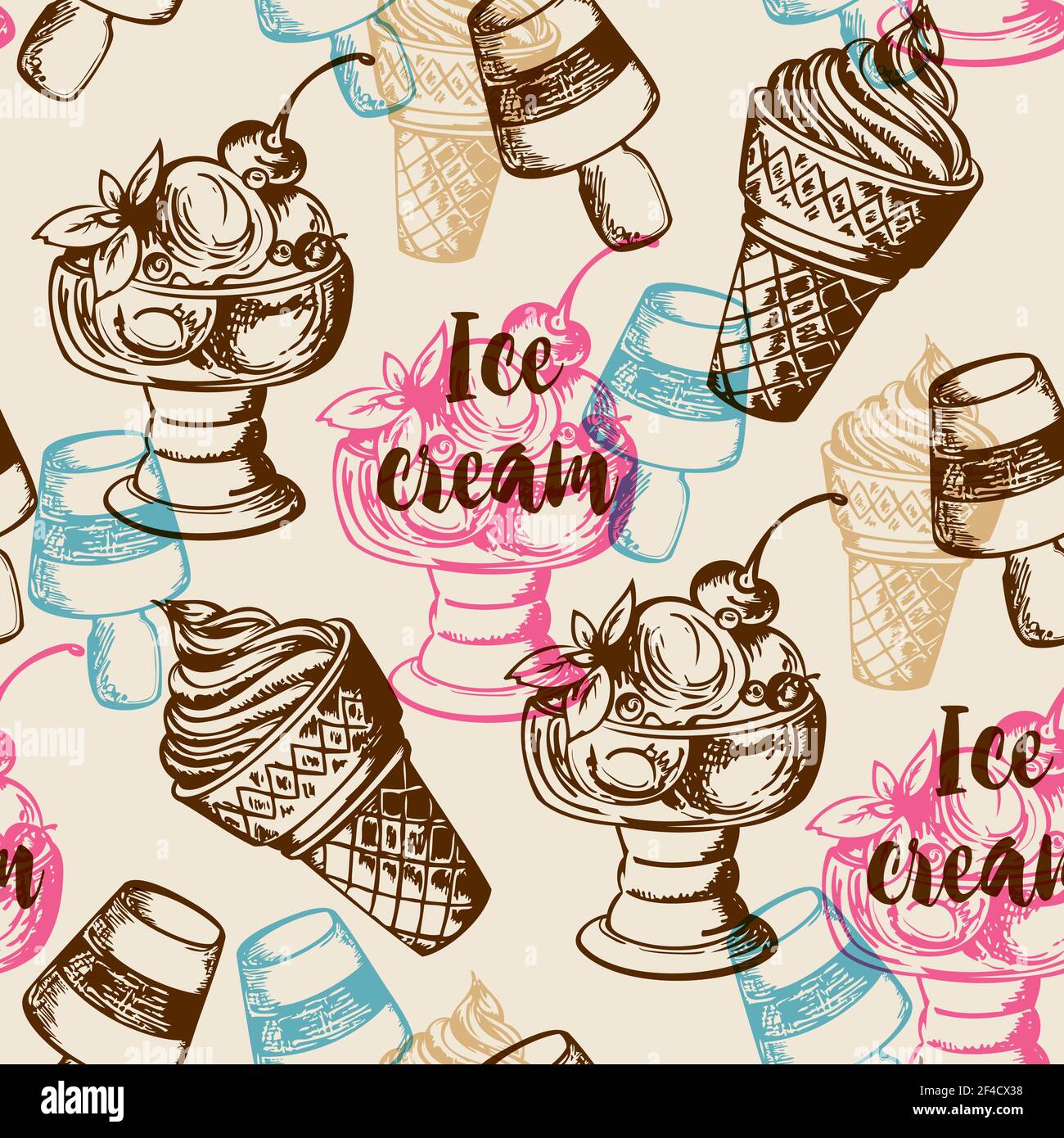Vintage summer seamless pattern with different ice cream. Hand drawn vector background Stock Vector