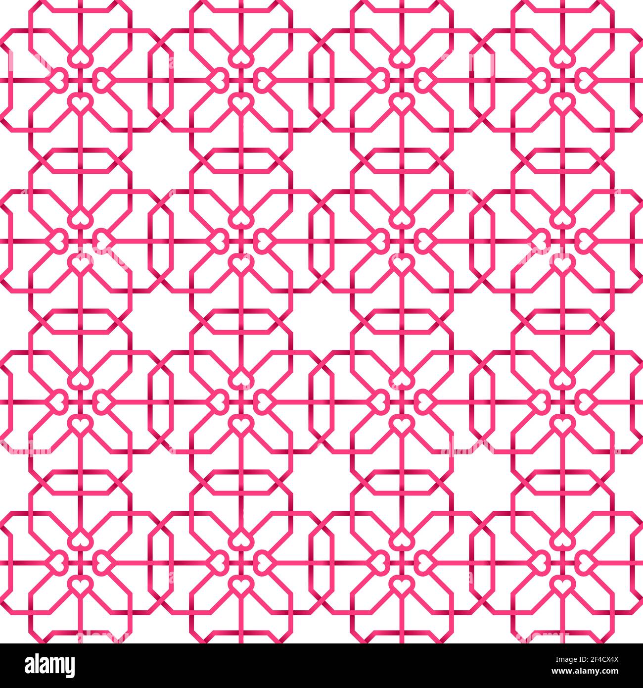 Decorative pink romantic abstract seamless pattern with hearts on a white background. Geometrical background. Vector illustration. Stock Vector