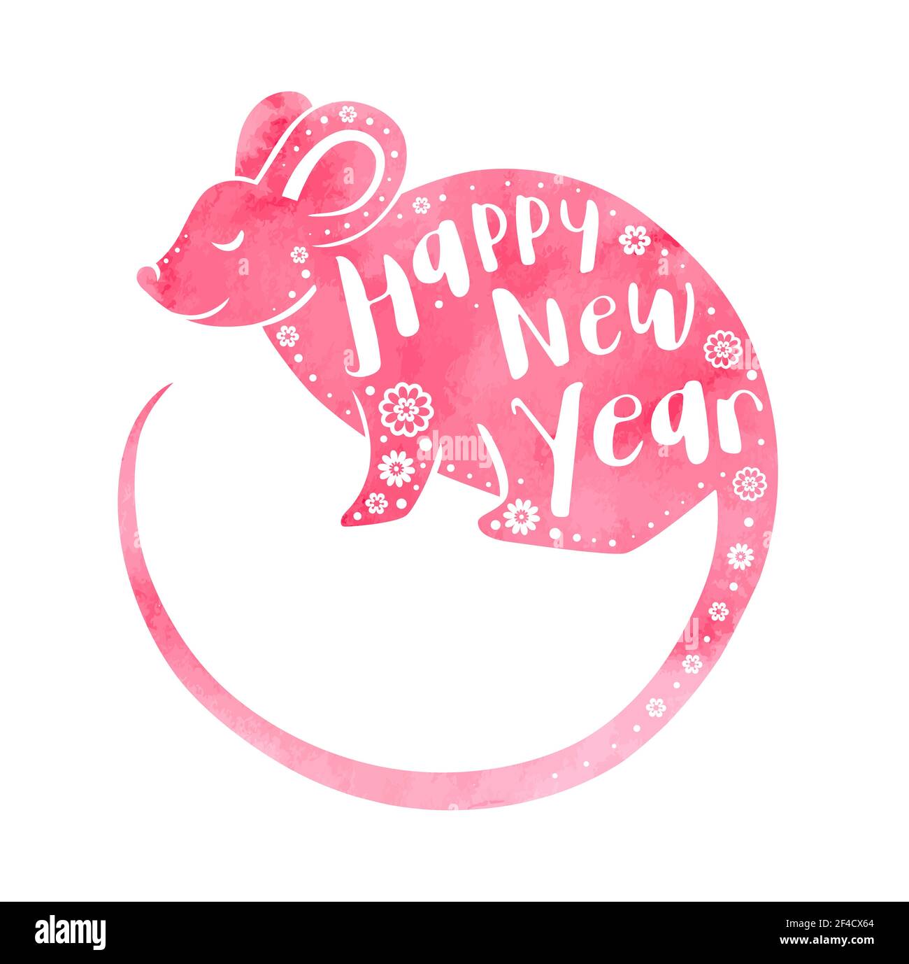 Cute rat symbol of Chinese zodiac for 2020 new year. Pink watercolor silhouette of rat and lettering. Vector illustration Stock Vector