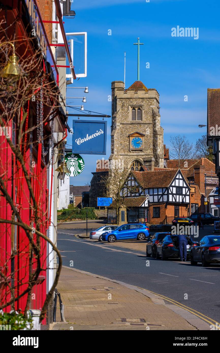 Pinner Village High Street with Carluccios Restaurant & Starbucks on
