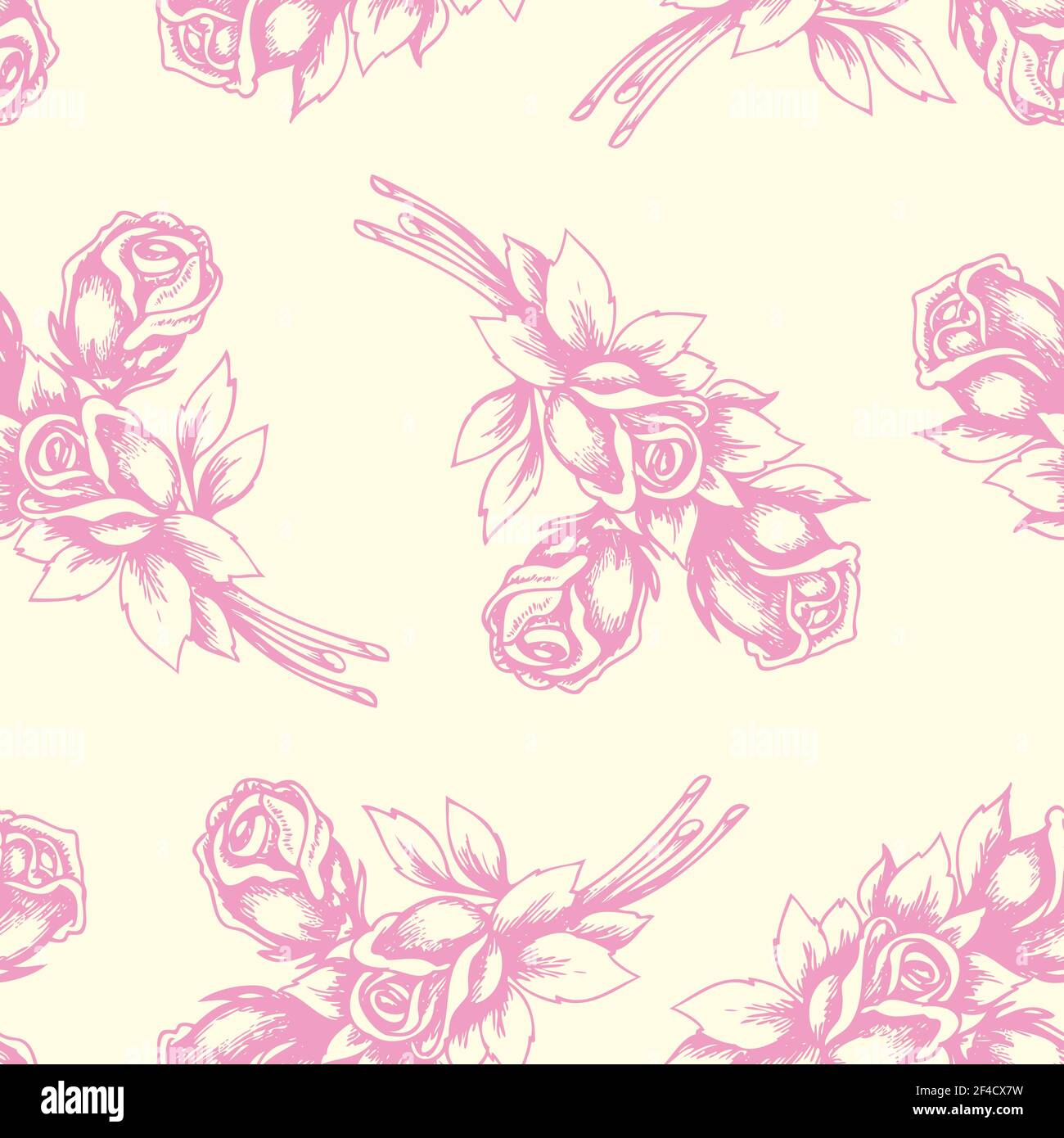 Vintage hand drawn floral seamless pattern with pink roses. Vector ...