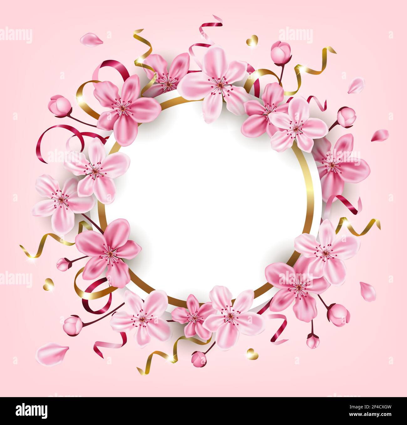 Decorative golden round frame with pink cherry flowers. Spring floral  background for seasonal sale. Vector illustration Stock Vector Image \u0026 Art  - Alamy, image size:1300x1357