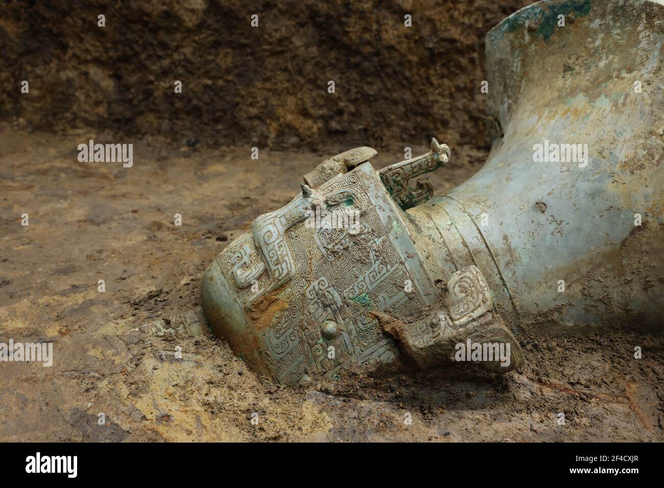 (210320) -- CHENGDU, March 20, 2021 (Xinhua) -- Undated photo provided by the Sanxingdui Ruins sacrificial pits archaeological project shows part of a bronze ware unearthed from the Sanxingdui Ruins site in southwest China's Sichuan Province. Chinese archaeologists announced Saturday that some new major discoveries have been made at the legendary Sanxingdui Ruins site in southwest China, helping shed light on the cultural origins of the Chinese nation. Archaeologists have found six new sacrificial pits and unearthed more than 500 items dating back about 3,000 years at the Sanxingdui Ruins in Stock Photo