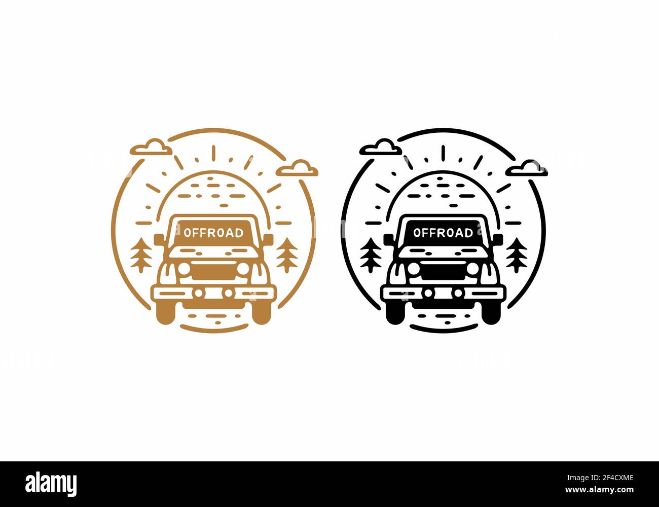 Brown and black color of offroad car in circle line art drawing illustration design Stock Vector
