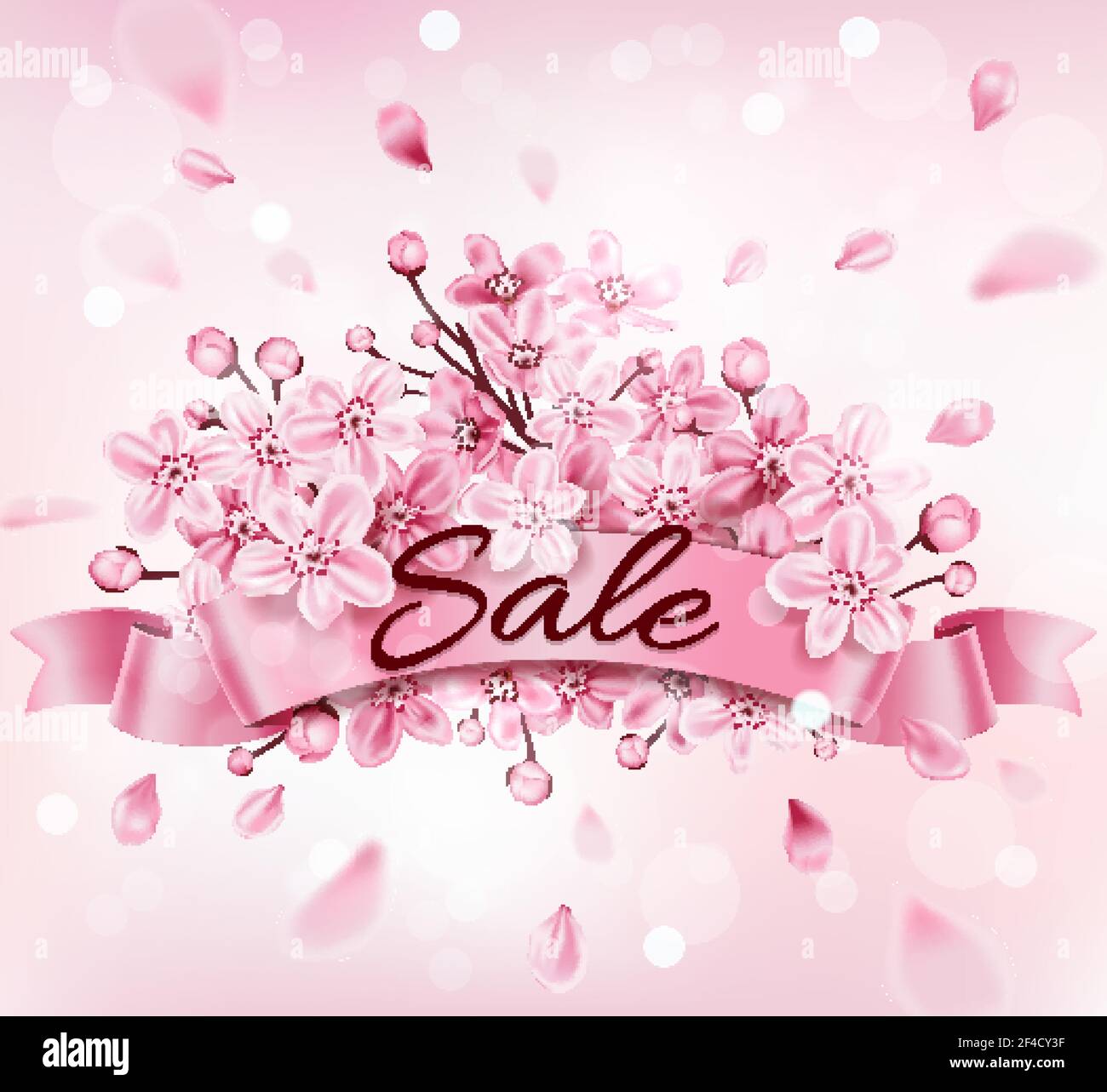 Spring background with pink flowering cherry branch. Design for seasonal spring sale. Vector illustration. Stock Vector