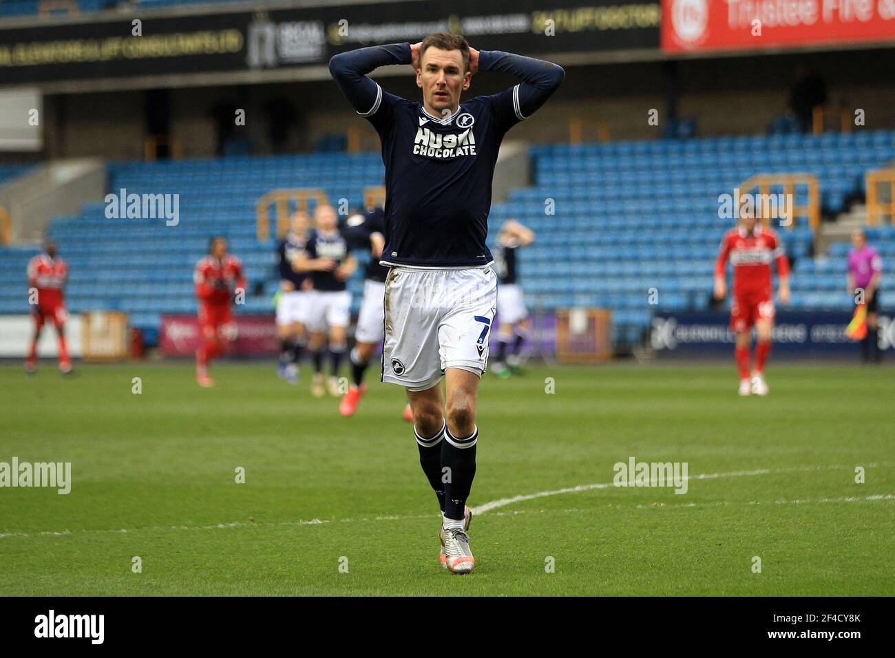 London, UK. 20th Mar, 2021. Jed Wallace of Millwall is dejected after missing a shot on goal. EFL Skybet Championship match, Millwall v Middlesbrough at the Den in London on Saturday 20th March 2021. this image may only be used for Editorial purposes. Editorial use only, license required for commercial use. No use in betting, games or a single club/league/player publications. pic by Steffan Bowen/Andrew Orchard sports photography/Alamy Live news Credit: Andrew Orchard sports photography/Alamy Live News Stock Photo