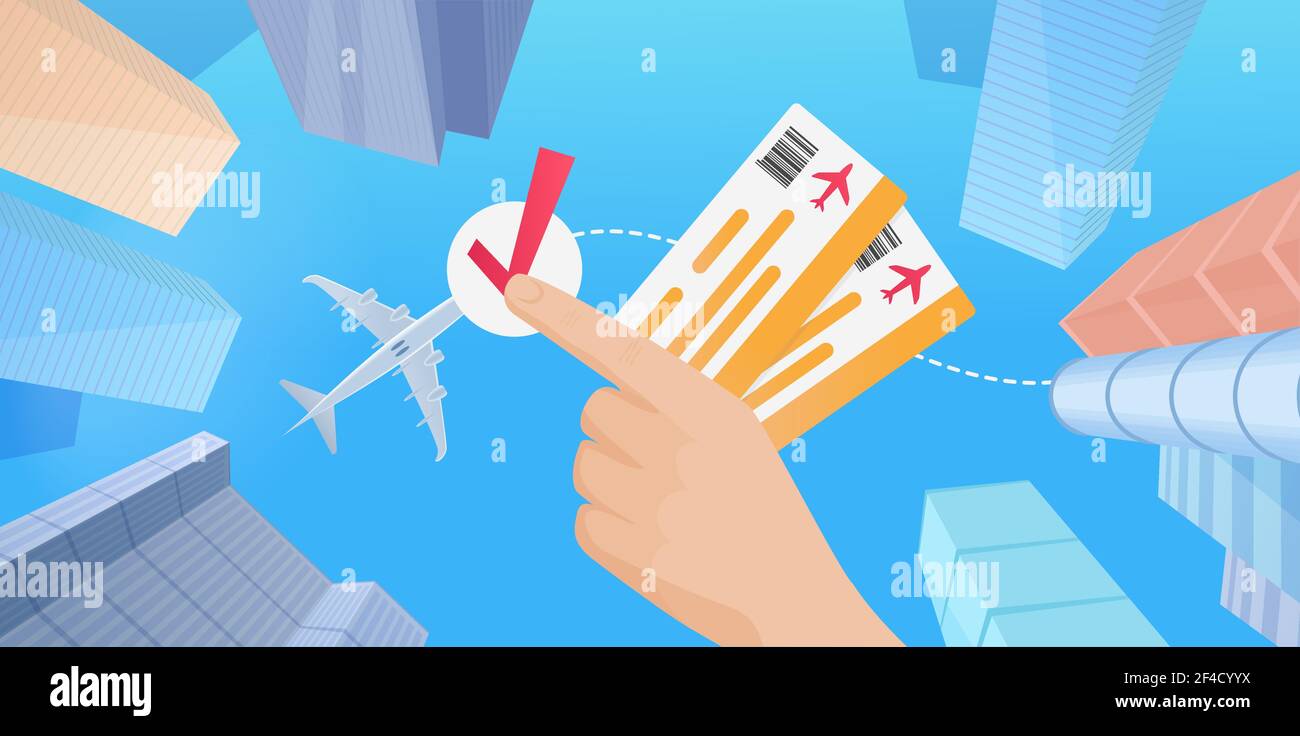 Buy airline tickets for business travel flight worldwide, tourist hands holding tickets Stock Vector
