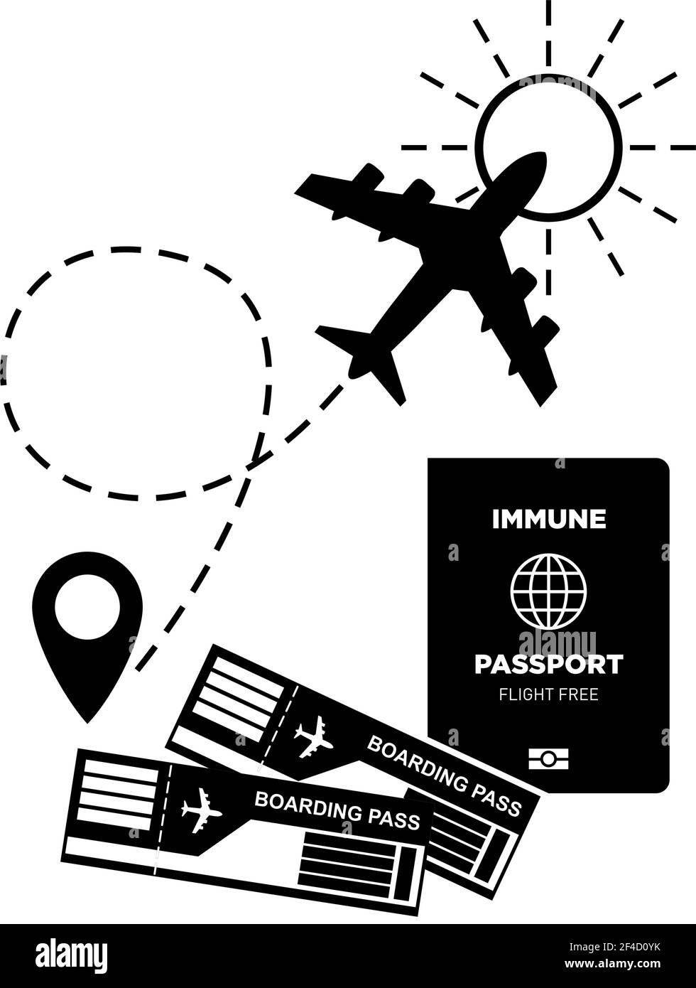 Airplane line path to the sun vector icon. Air plane flight route with start point and dash line trace. Air Tickets and immune passport for travel. Ve Stock Vector