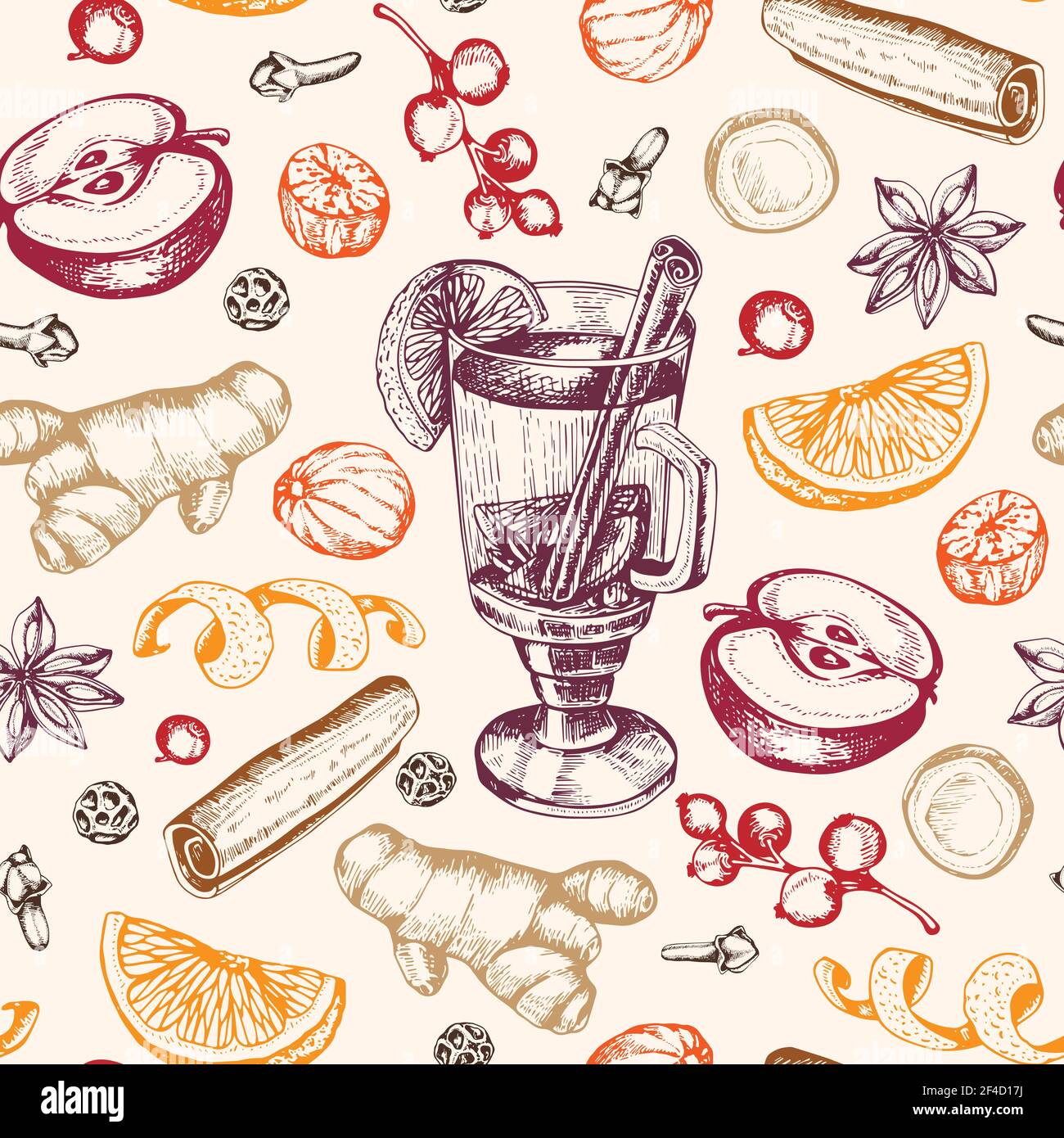Vintage hand drawn seamless pattern with mulled wine and spices. Traditional Christmas food and drink. Vector background. Stock Vector