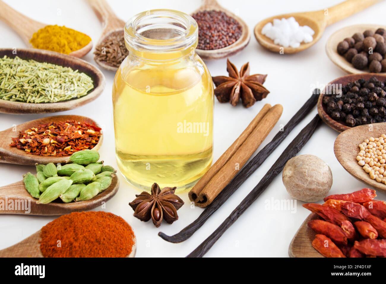Various healthy spices and oil Stock Photo