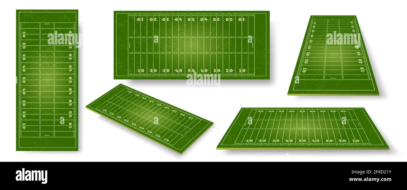 American football field. Realistic ball sport pitch sheme with zone markings. Stadium grass court perspective, side and top view vector set. Game fiel Stock Vector