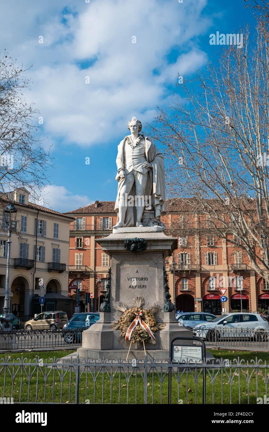 Statue in honor of Vittorio Alfieri, poet, playwright and theatrical writer born in Asti in 1749.Asti, Piedmont, Italy. Stock Photo