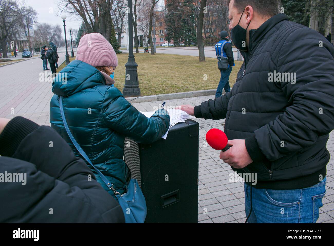 Dnepropetrovsk, Ukraine - 03.19.2021: Businessmen gathered to protest against the introduction of the lockdown and sign a petition to the authorities. Stock Photo