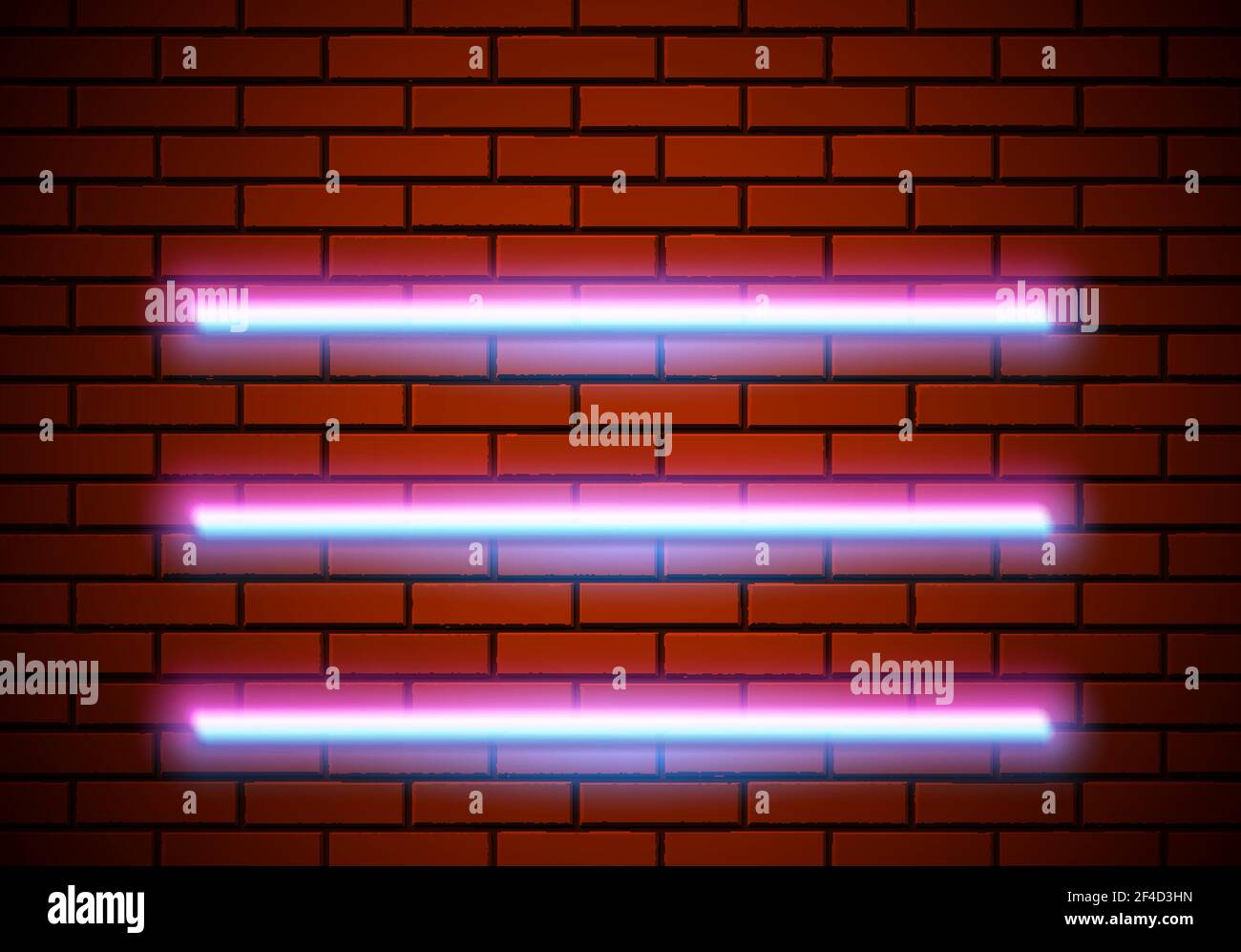 Neon shelves on the red brick wall. Classic 80s styled shiny glowing ...