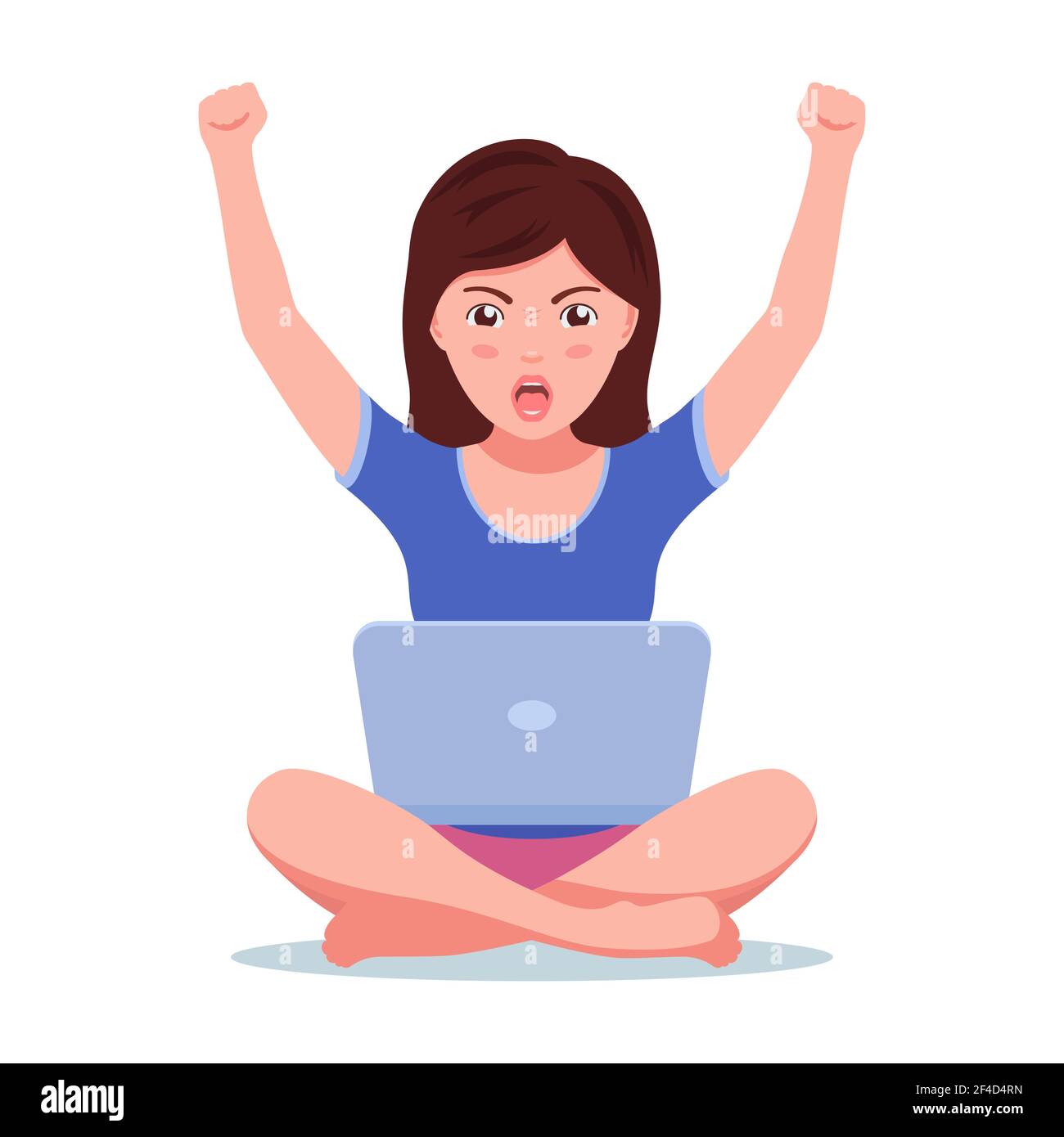 Girl sits with her laptop, excited to win. Vector illustration of a young beautiful girl sitting with a laptop with her legs crossed and hands up, iso Stock Vector