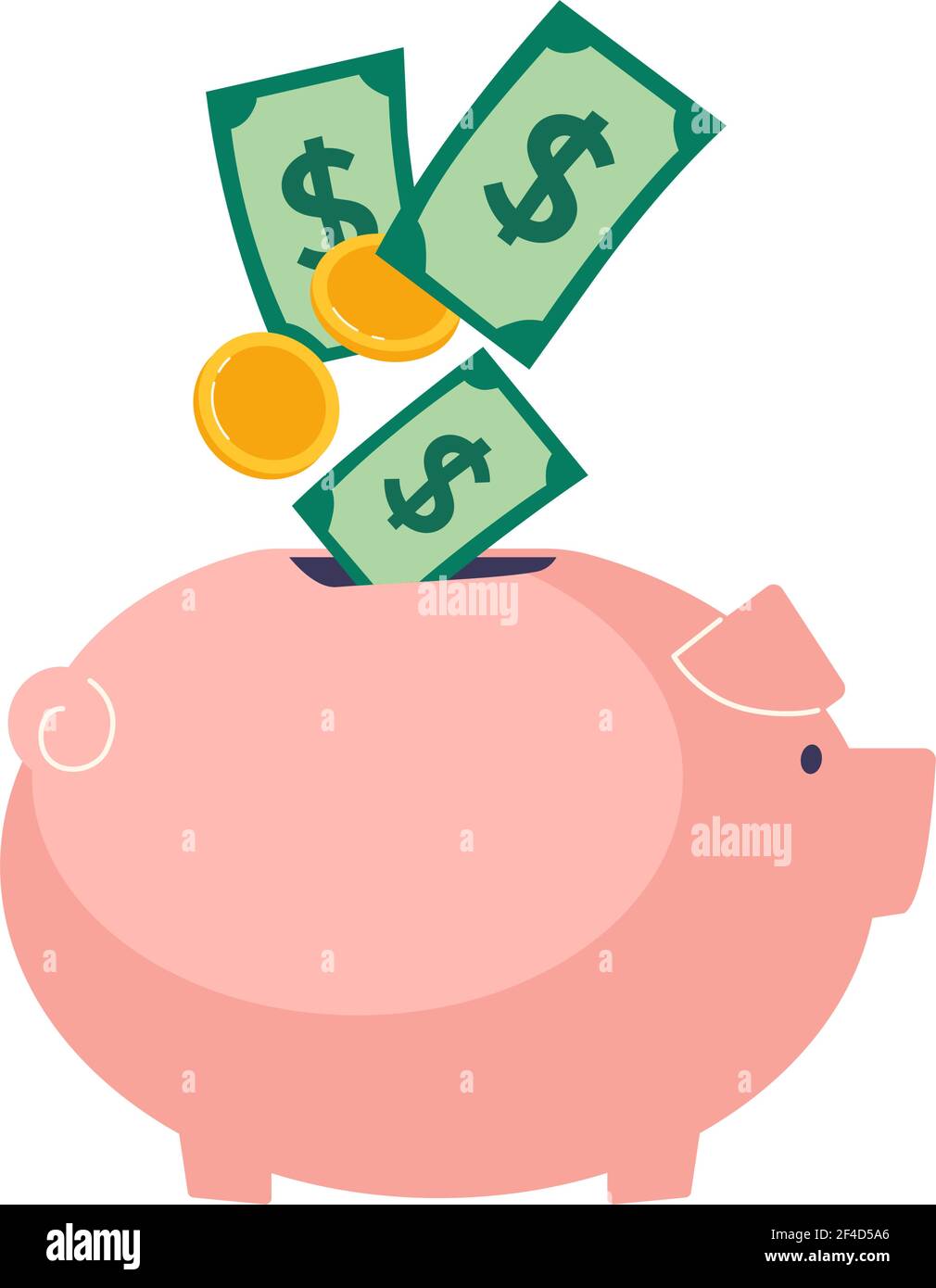 Filling piggy banks with gold coins and banknotes. Dollar accumulation