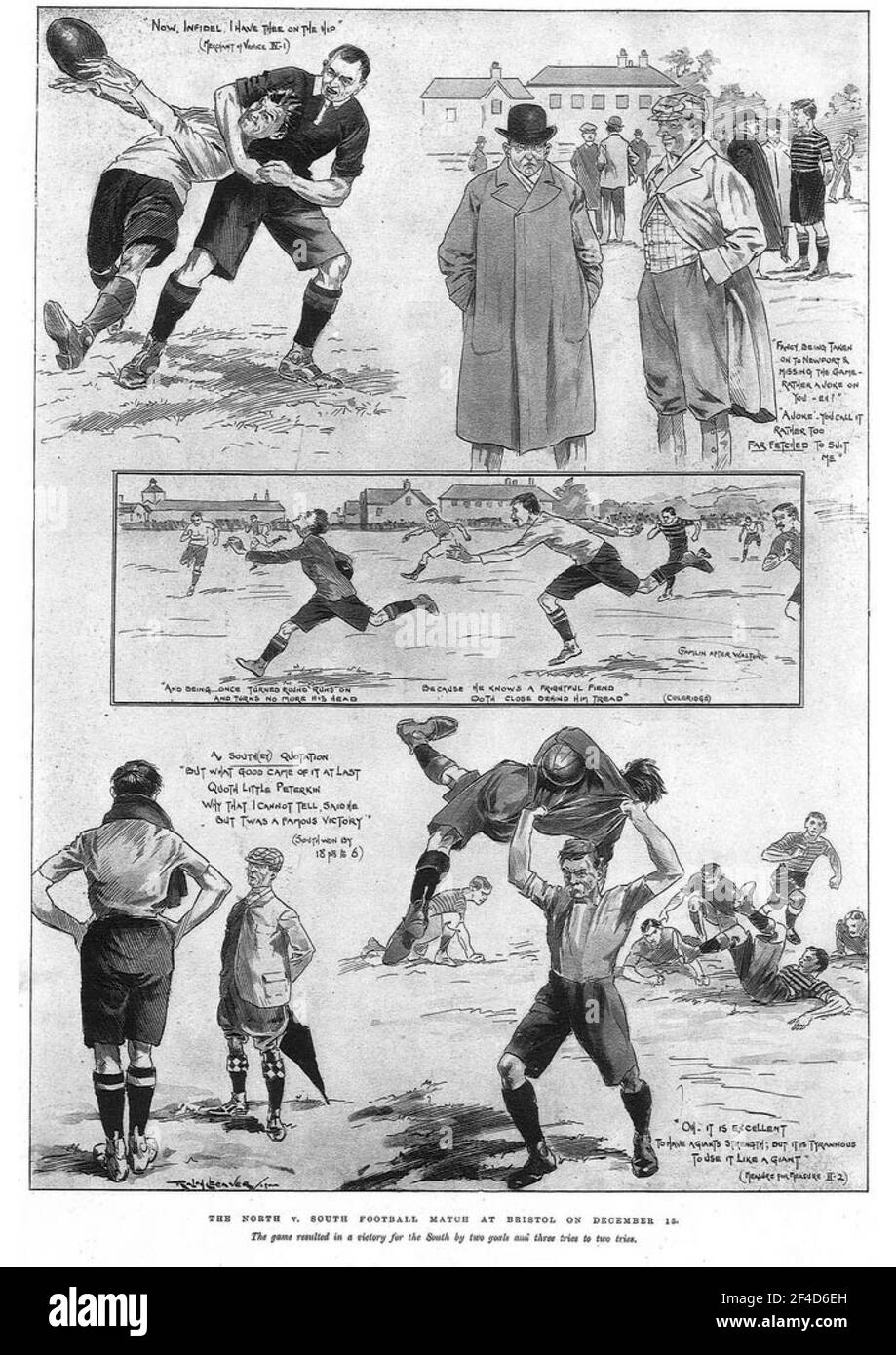 Vintage 1900 depiction of an early football match between the north and south of England. Looks a bit of a rough-house. Stock Photo