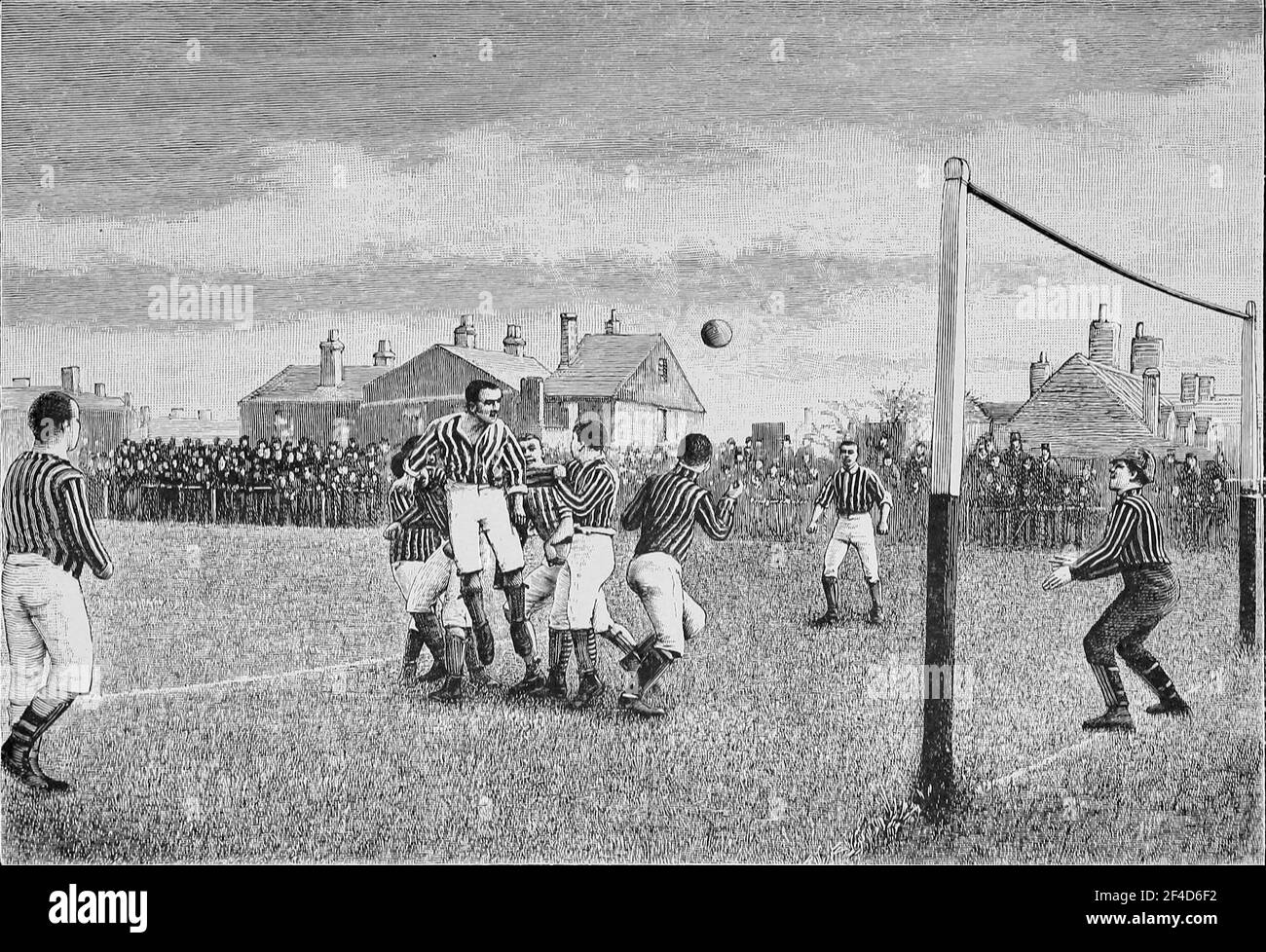 Football illustration from 1894. Amateur football match draws big crowds. Stock Photo