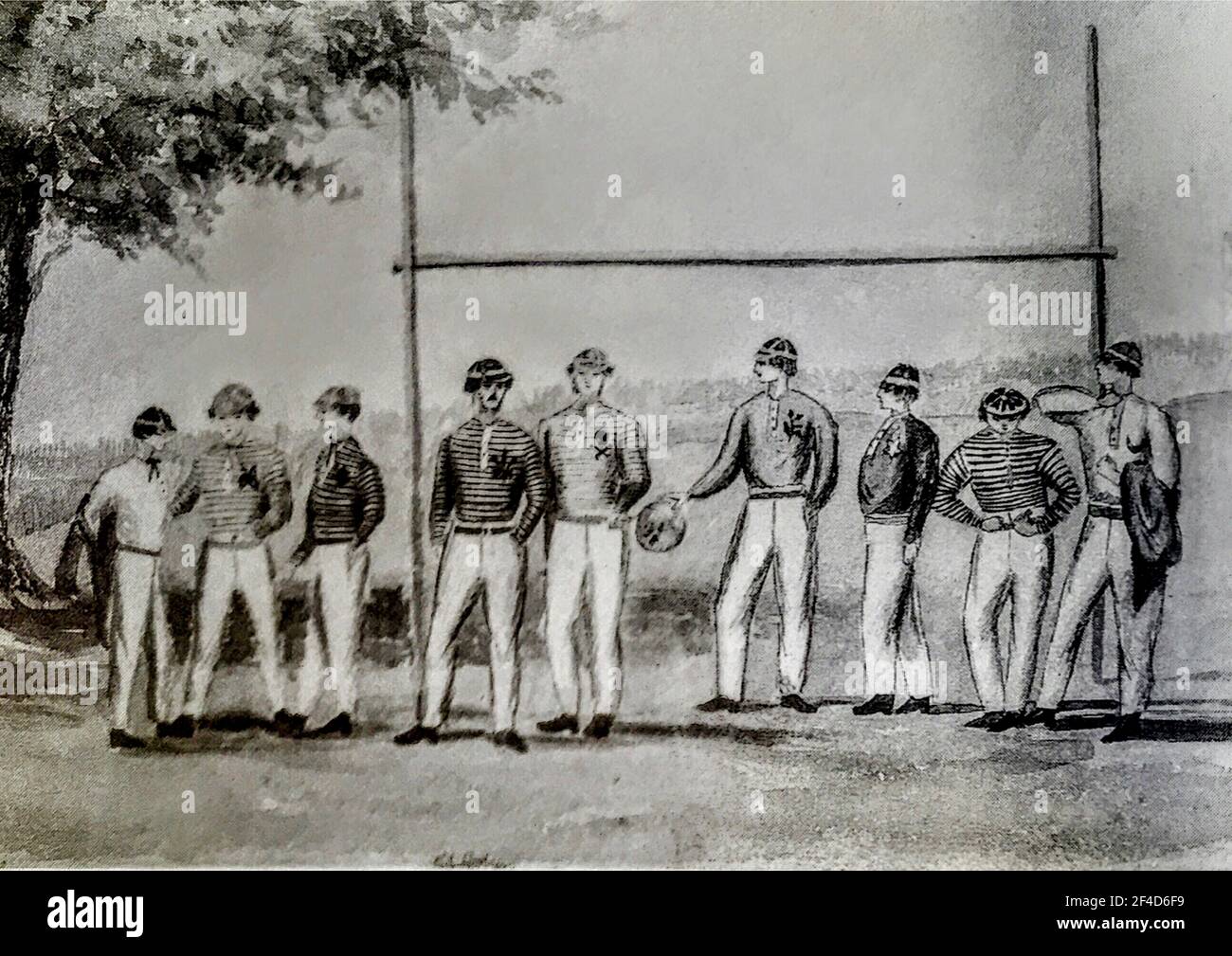 Retro vintage print entitled Players and Goals by Henry Fellows. Players from a rugby teal stand in front of the posts. Stock Photo