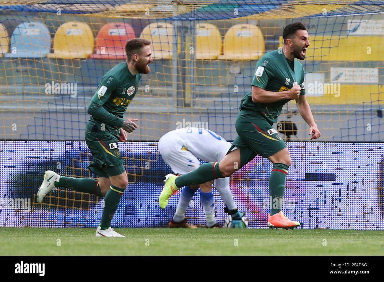 Massimo Coda of Lecce scores 0-1 goal during the Italian championship, BKT Lega Serie B football match between Frosinone Calcio and US Lecce on March 20, 2021 at Benito Stirpe stadium in Frosinone, Italy - Photo Federico Proietti / DPPI Stock Photo