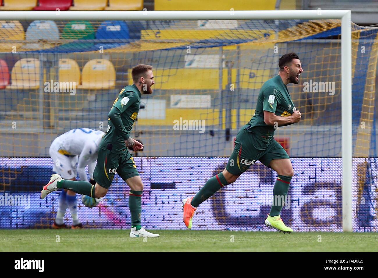 Massimo Coda of Lecce scores 0-1 goal during the Italian championship, BKT Lega Serie B football match between Frosinone Calcio and US Lecce on March 20, 2021 at Benito Stirpe stadium in Frosinone, Italy - Photo Federico Proietti / DPPI Stock Photo