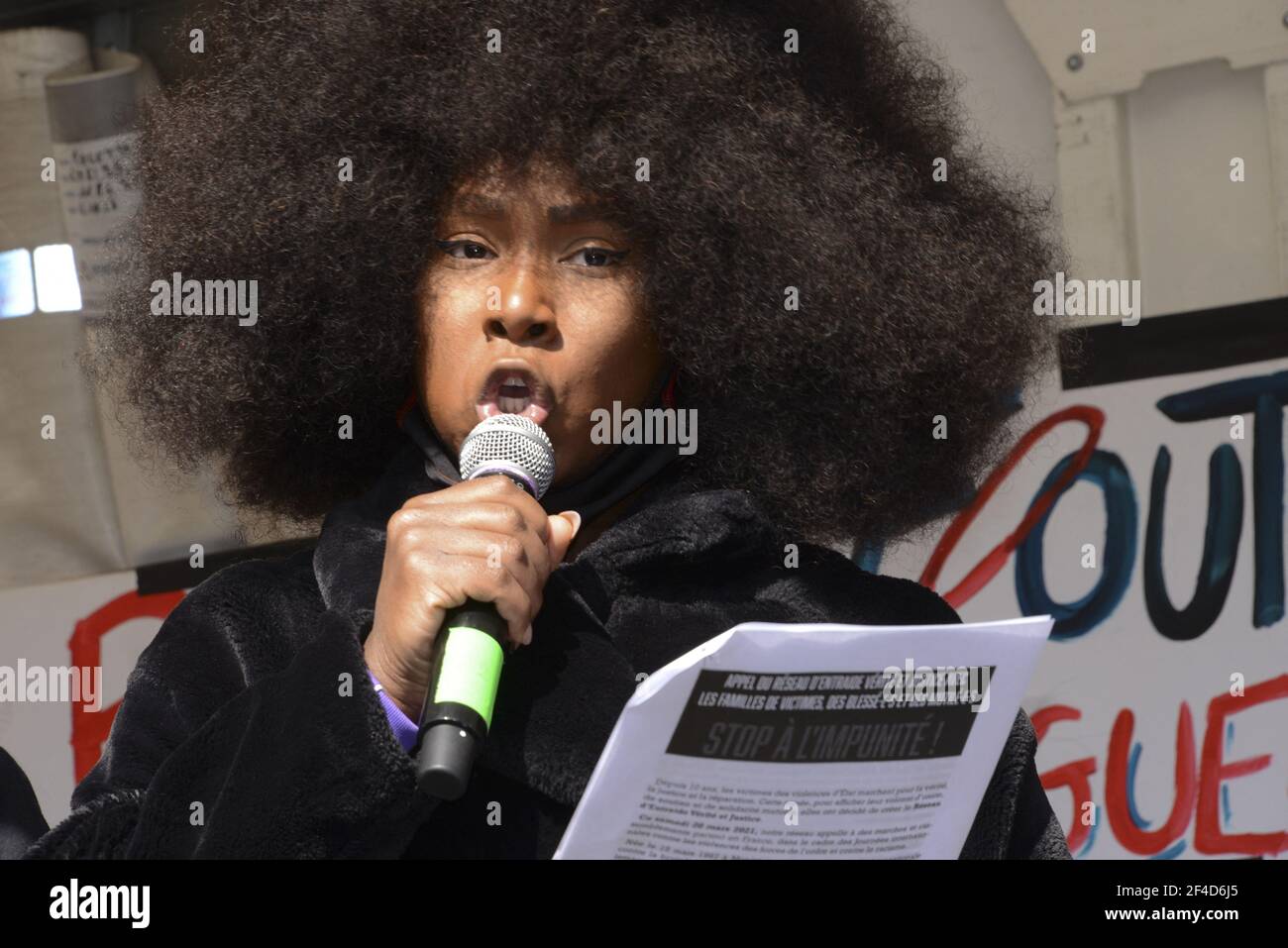 Assa Traore, sister of Adama Traore, during the Demonstration against systemic racism, police, prison and judicial violence in Paris, France, on March 20, 2021. Some thousands of demonstrators from the families of the victims, undocumented wave collectives marched from the gates of the Luxembourg Gardens to demand the application of their slogan: 'stop impunity'. Photo by Georges Darmon/Avenir Pictures/ABACAPRESS.COM Photo by Georges Darmon/Avenir Pictures/ABACAPRESS.COM Stock Photo