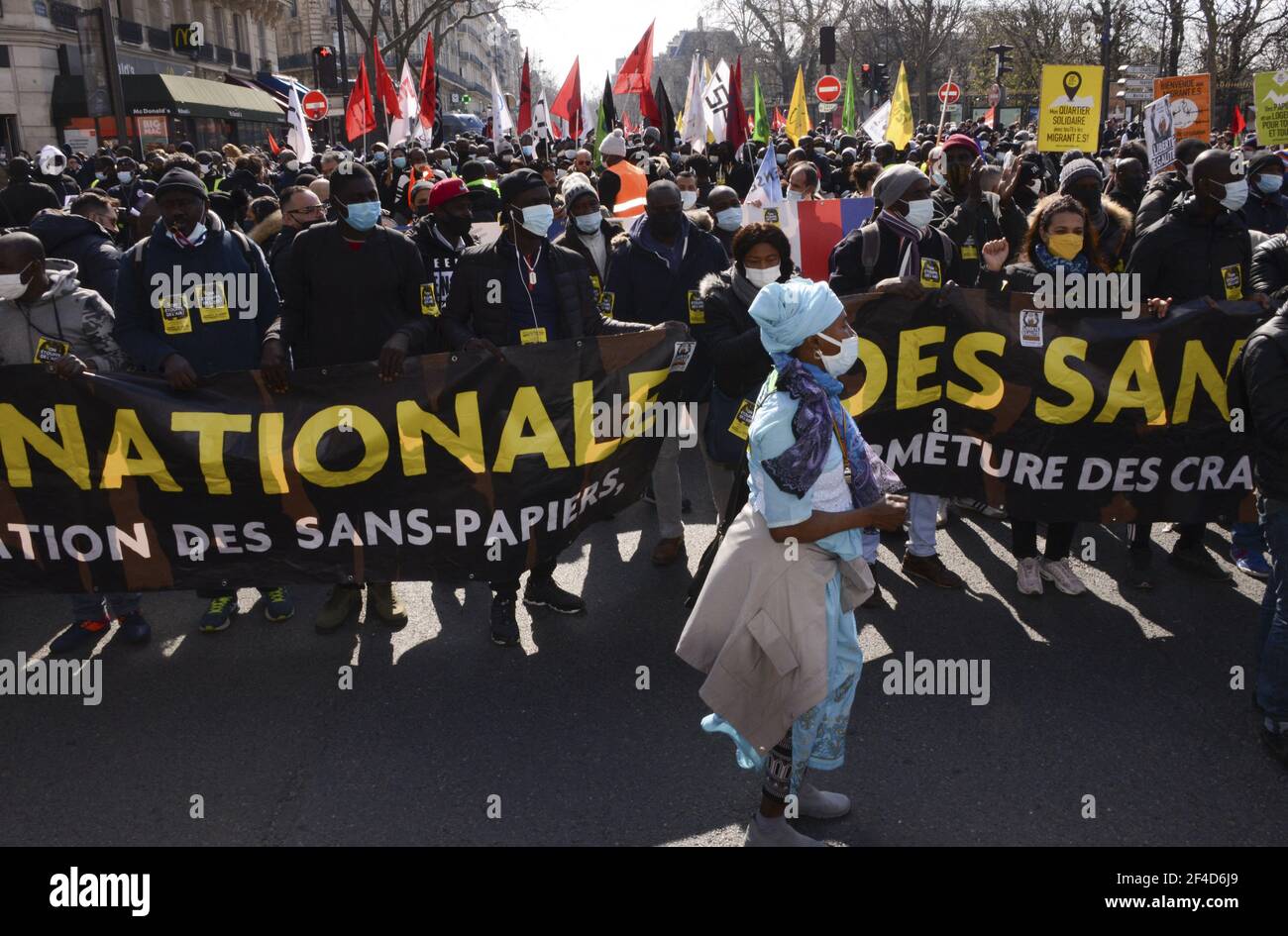 Demonstration against systemic racism, police, prison and judicial violence in Paris, France, on March 20, 2021. Some thousands of demonstrators from the families of the victims, undocumented wave collectives marched from the gates of the Luxembourg Gardens to demand the application of their slogan: 'stop impunity'. Photo by Georges Darmon/Avenir Pictures/ABACAPRESS.COM Photo by Georges Darmon/Avenir Pictures/ABACAPRESS.COM Stock Photo