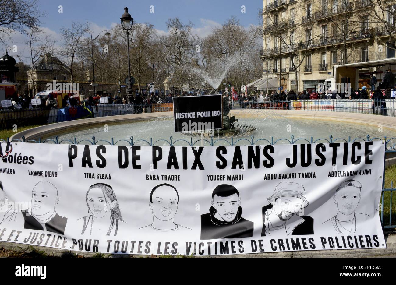 Demonstration against systemic racism, police, prison and judicial violence in Paris, France, on March 20, 2021. Some thousands of demonstrators from the families of the victims, undocumented wave collectives marched from the gates of the Luxembourg Gardens to demand the application of their slogan: 'stop impunity'. Photo by Georges Darmon/Avenir Pictures/ABACAPRESS.COM Photo by Georges Darmon/Avenir Pictures/ABACAPRESS.COM Stock Photo