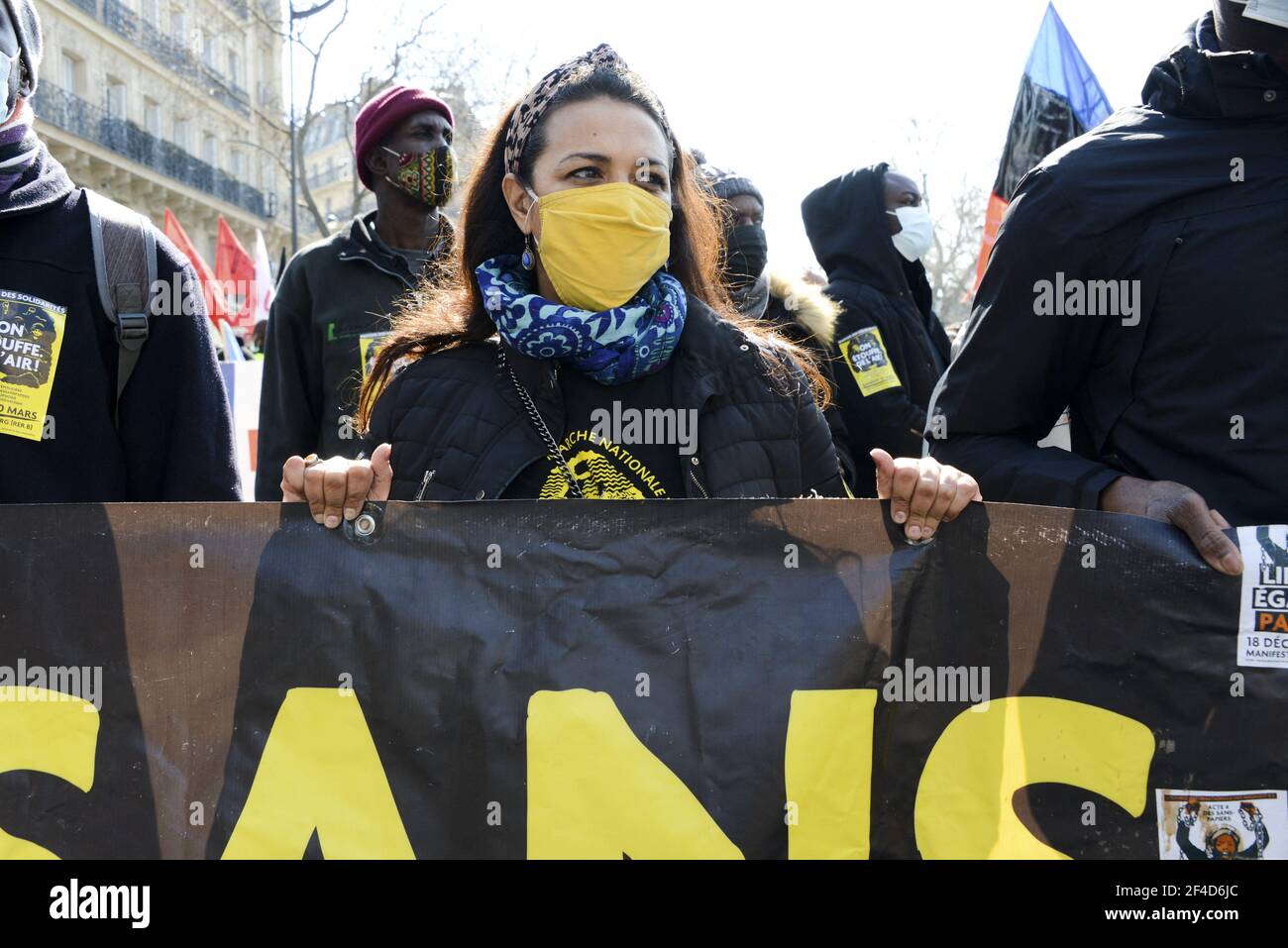 Demonstration against systemic racism, police, prison and judicial violence in Paris, France, on March 20, 2021. Some thousands of demonstrators from the families of the victims, undocumented wave collectives marched from the gates of the Luxembourg Gardens to demand the application of their slogan: 'stop impunity'. Photo by Georges Darmon/Avenir Pictures/ABACAPRESS.COM Photo by Georges Darmon/Avenir Pictures/ABACAPRESS.COM Stock Photo