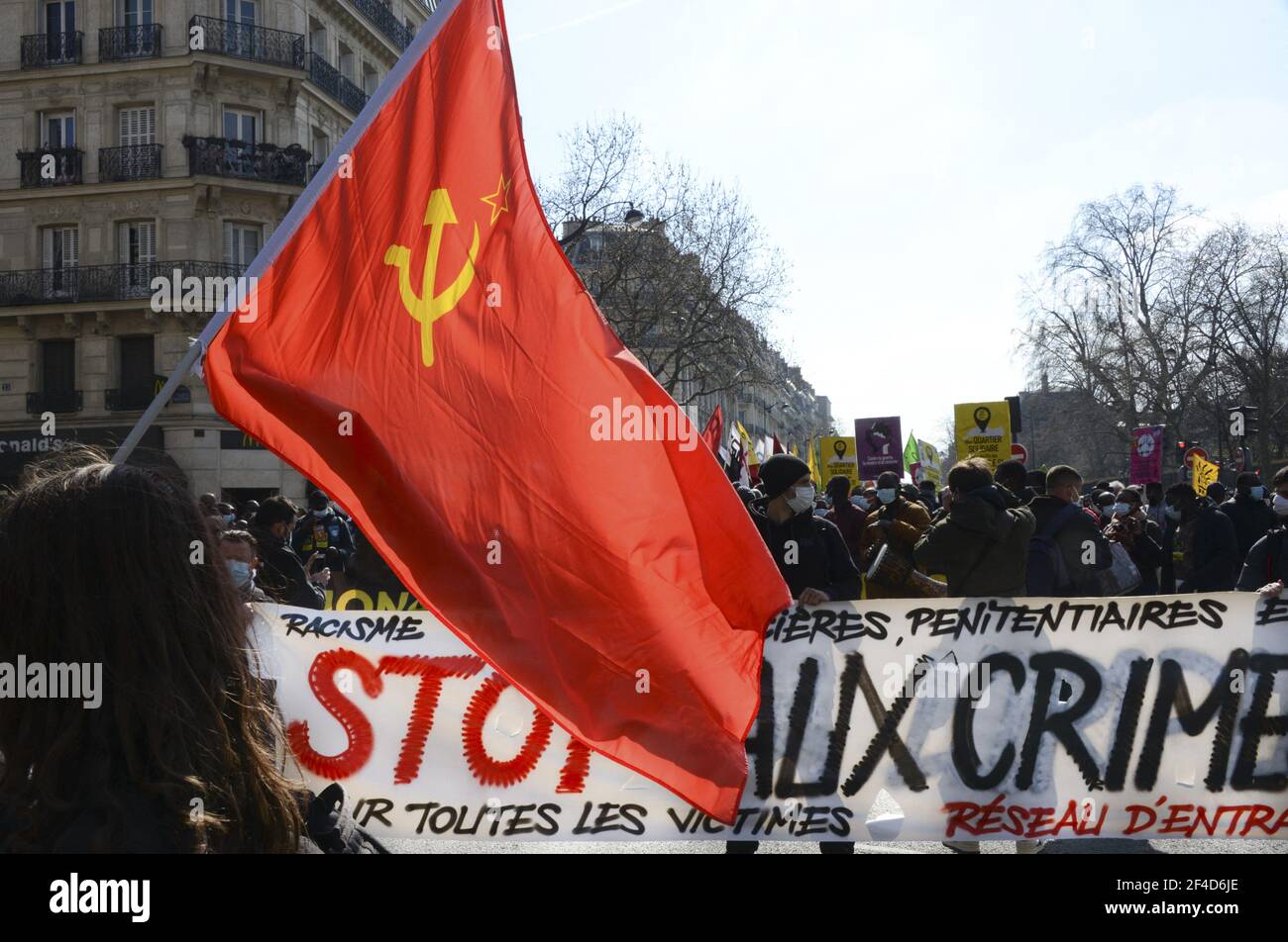 Demonstration against systemic racism, police, prison and judicial violence in Paris, France, on March 20, 2021. Some thousands of demonstrators from the families of the victims, undocumented wave collectives marched from the gates of the Luxembourg Gardens to demand the application of their slogan: 'stop impunity'. Photo by Georges Darmon/Avenir Pictures/ABACAPRESS.COM Photo by Georges Darmon/Avenir Pictures/ABACAPRESS.COM Stock Photo