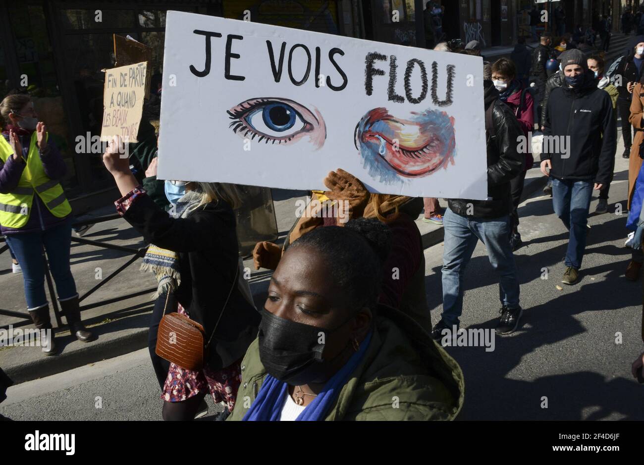 Demonstration against systemic racism, police, prison and judicial violence in Paris, France, on March 20, 2021. Some thousands of demonstrators from the families of the victims, undocumented wave collectives marched from the gates of the Luxembourg Gardens to demand the application of their slogan: 'stop impunity'. Photo by Georges Darmon/Avenir Pictures/ABACAPRESS.COM Photo by Georges Darmon/Avenir Pictures/ABACAPRESS.COM Stock Photo