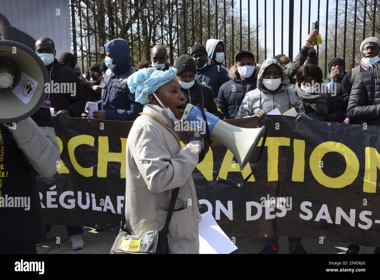 Demonstration against systemic racism, police, prison and judicial violence in Paris, France, on March 20, 2021. Some thousands of demonstrators from the families of the victims, undocumented wave collectives marched from the gates of the Luxembourg Gardens to demand the application of their slogan: 'stop impunity'. Photo by Georges Darmon/Avenir Pictures/ABACAPRESS.COM Photo by Georges Darmon/Avenir Pictures/ABACAPRESS.COM Stock Photo