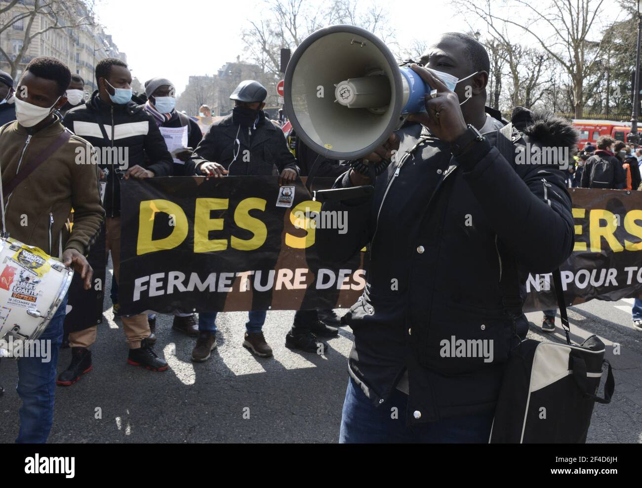 Demonstration against systemic racism, police, prison and judicial violence in Paris, France, on March 20, 2021. Some thousands of demonstrators from the families of the victims, undocumented wave collectives marched from the gates of the Luxembourg Gardens to demand the application of their slogan: 'stop impunity'. Photo by Georges Darmon/Avenir Pictures/ABACAPRESS.COM Photo by Georges Darmon/Avenir Pictures/ABACAPRESS.COM Stock Photo