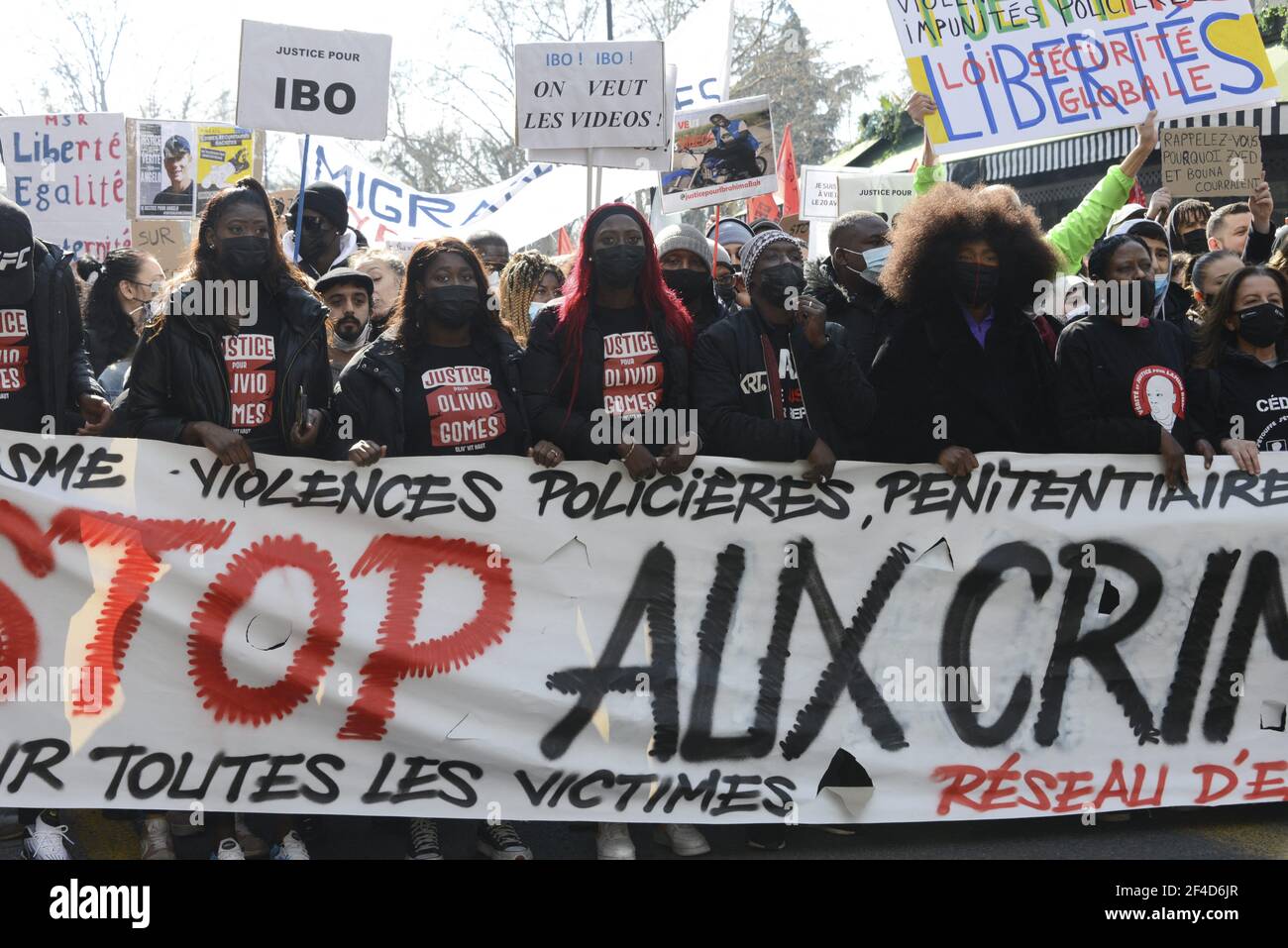 Demonstration against systemic racism, police, prison and judicial violence in Paris, France, on March 20, 2021. Some thousands of demonstrators from the families of the victims, undocumented wave collectives marched from the gates of the Luxembourg Gardens to demand the application of their slogan: 'stop impunity'. Photo by Georges Darmon/Avenir Pictures/ABACAPRESS.COM Photo by Georges Darmon/Avenir Pictures/ABACAPRESS.COM Stock Photo