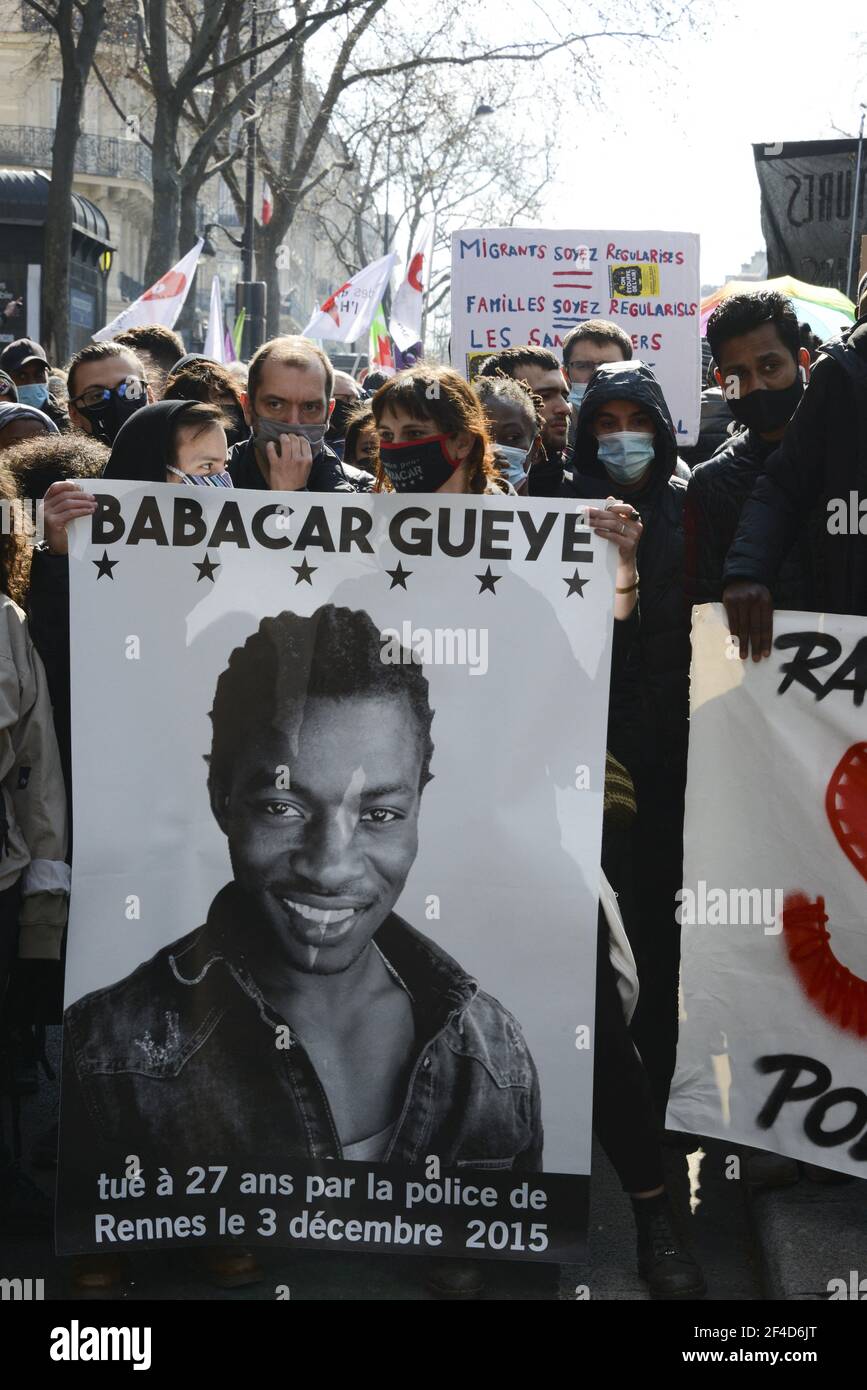 Demonstration against systemic racism, police, prison and judicial violence in Paris, France, on March 20, 2021. Some thousands of demonstrators from the families of the victims, undocumented wave collectives marched from the gates of the Luxembourg Gardens to demand the application of their slogan: 'stop impunity'. Photo by Georges Darmon/Avenir Pictures/ABACAPRESS.COM Photo by Georges Darmon/Avenir Pictures/ABACAPRESS.COM Stock Photo