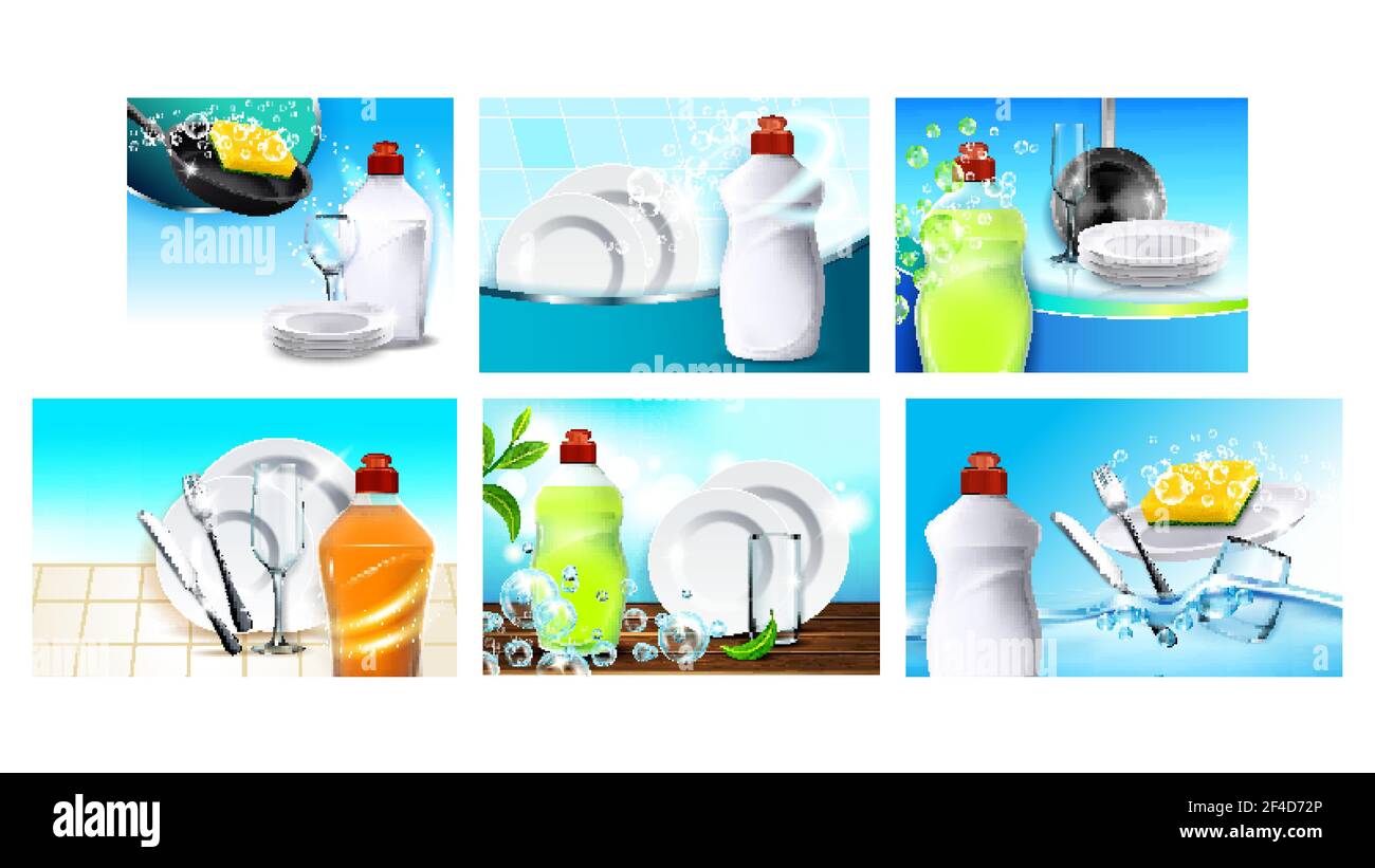 Dish Soap Detergent Advertising Posters Set Vector Stock Vector Image