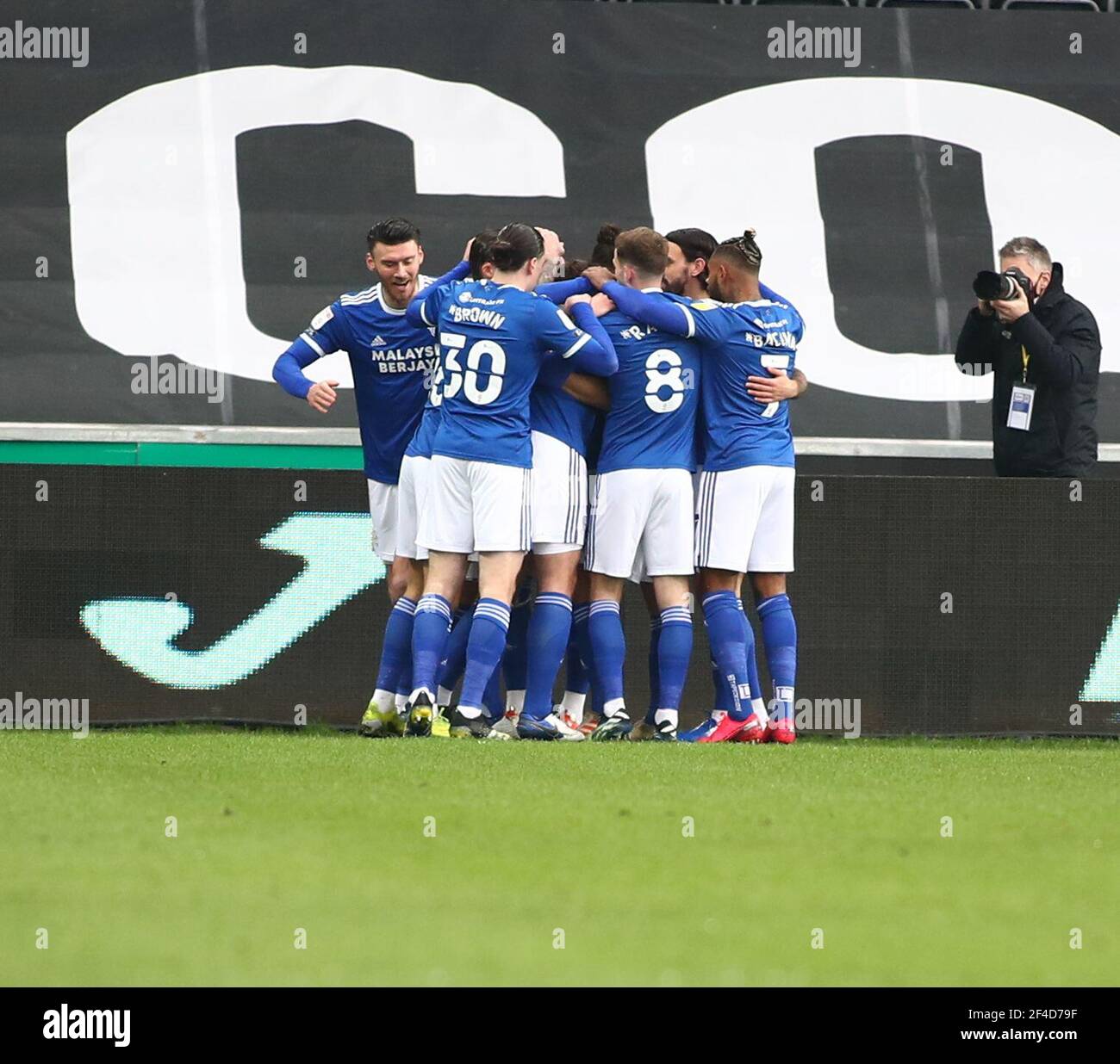 Liberty Stadium Swansea Glamorgan Uk 20th Mar 2021 English Football League Championship Football Swansea City Versus Cardiff City Cardiff City Players Celebrate After Aden Flint Of Cardiff City Scored Cardiff City First