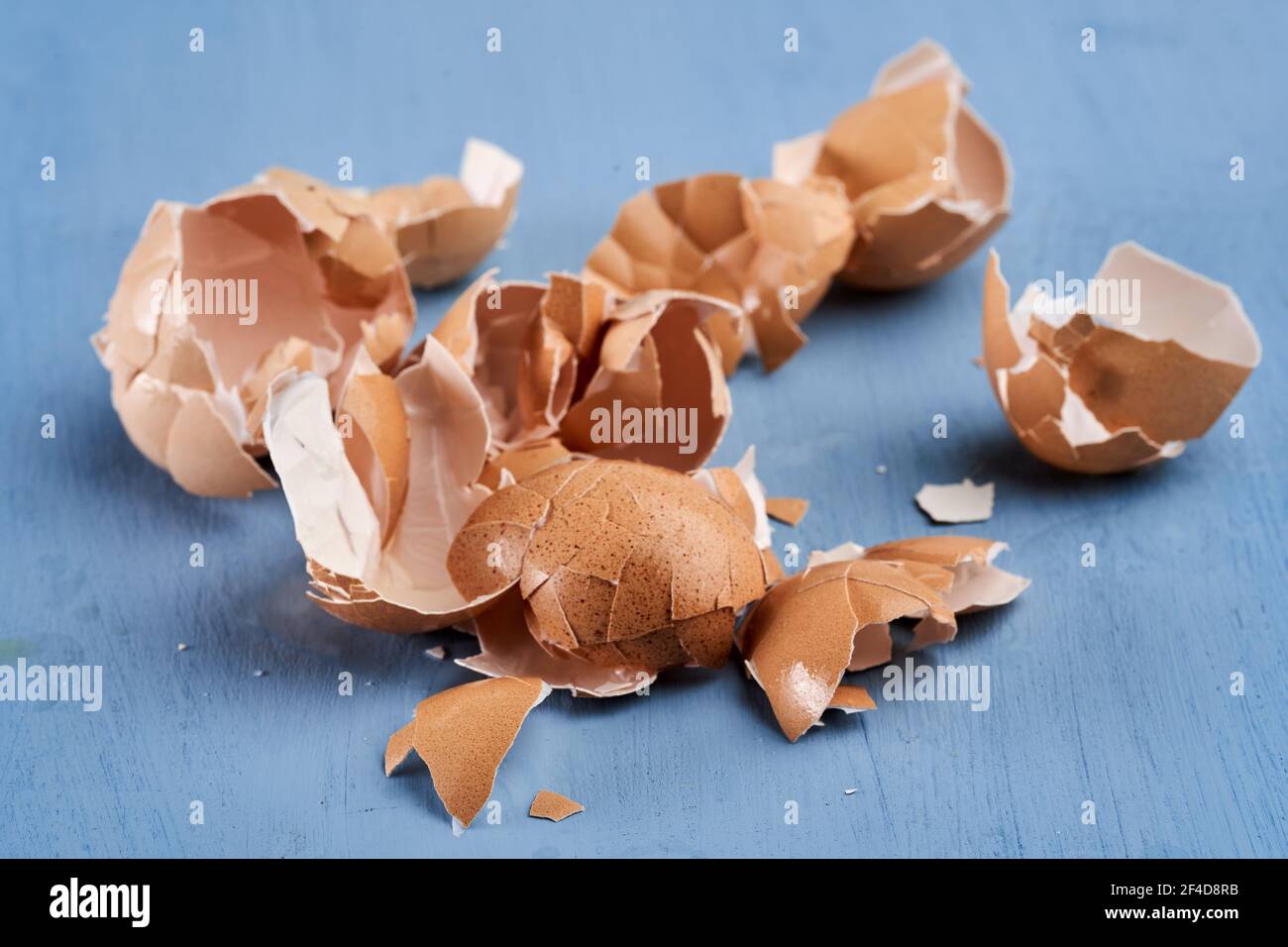 Broken egg shells on blue background Stock Photo